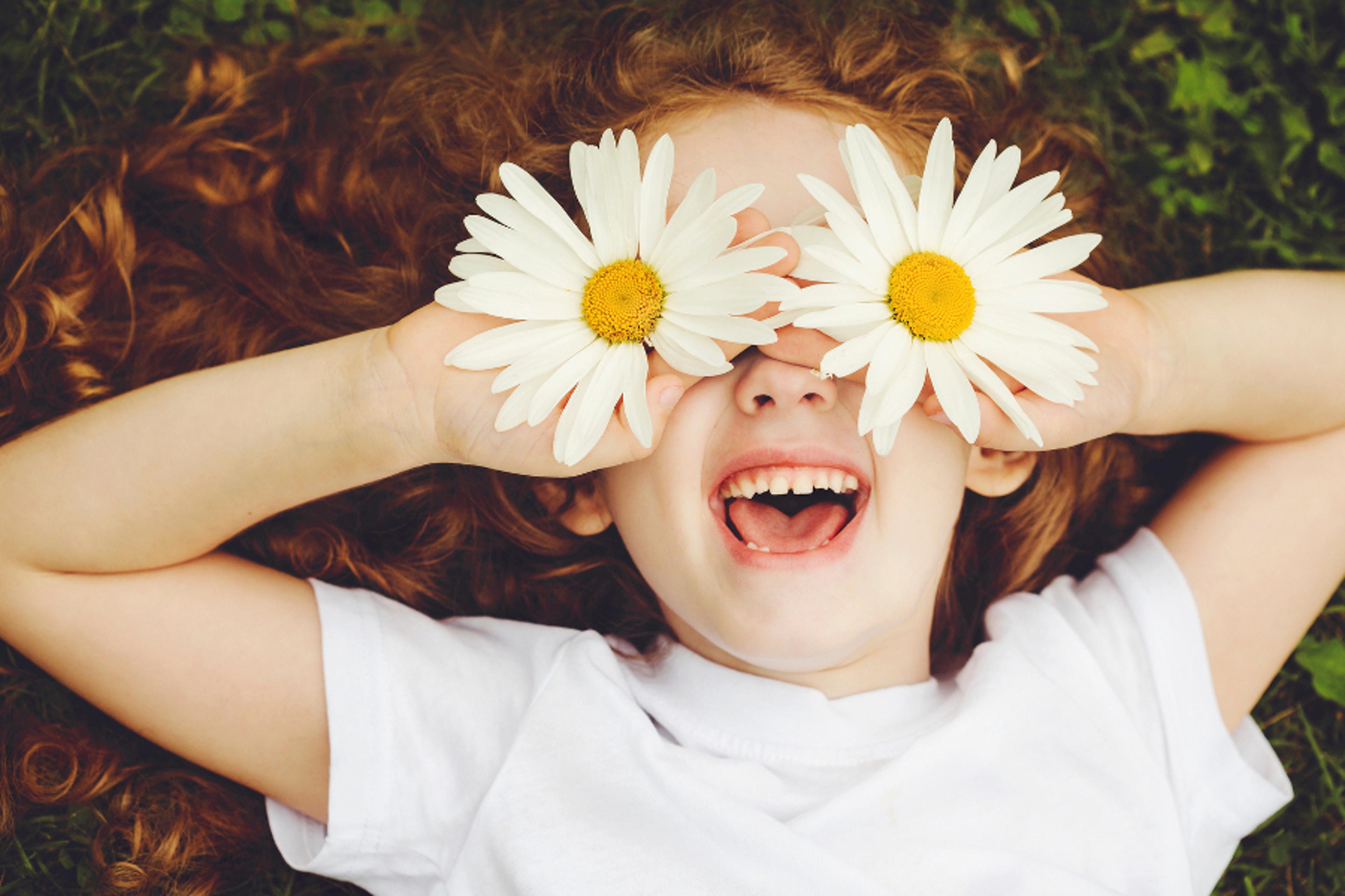 Article Cards Featured Image Child with daisy eyes, on green grass in a summer park.