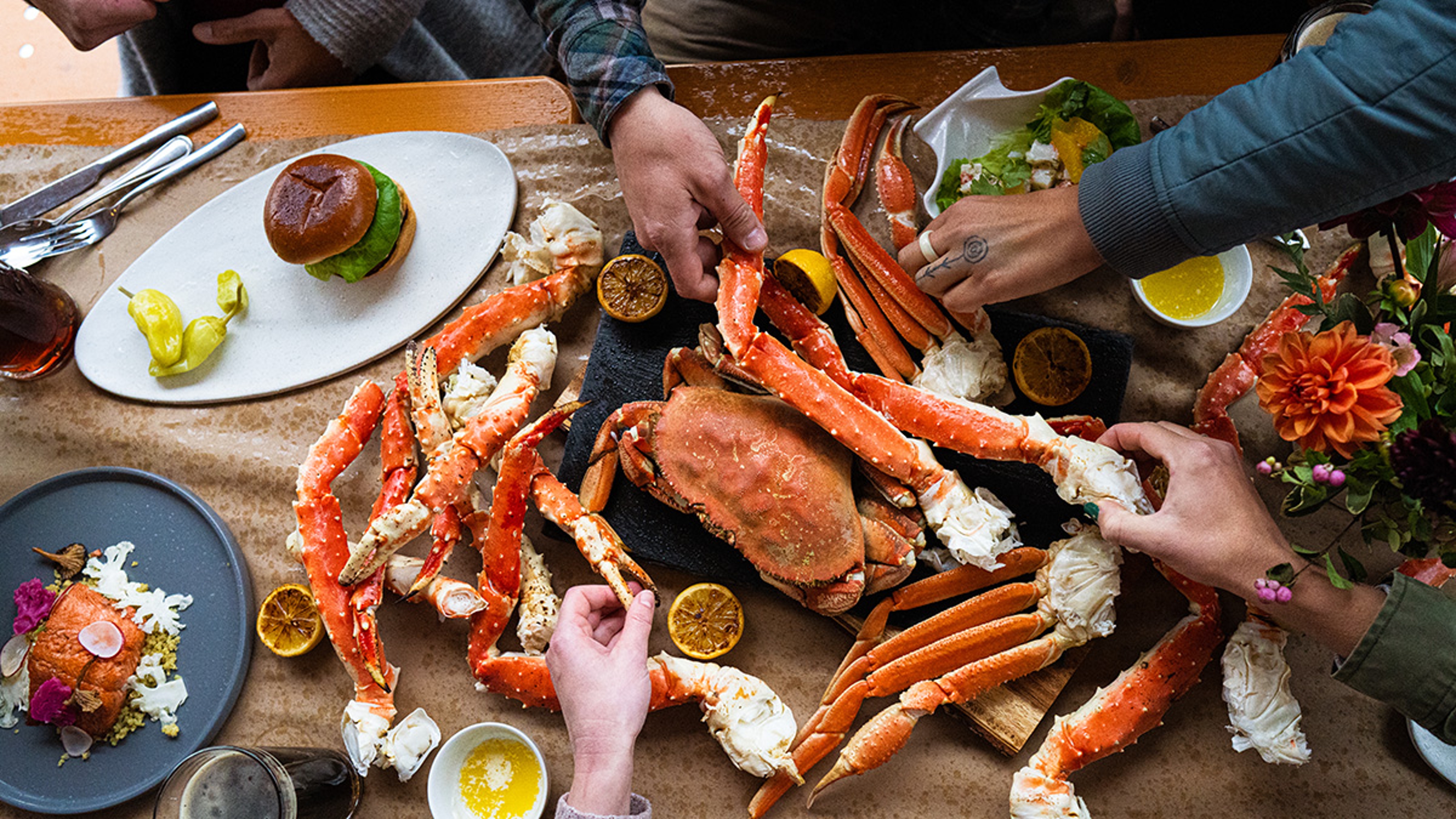 Plate laid with cooked golden king crab.