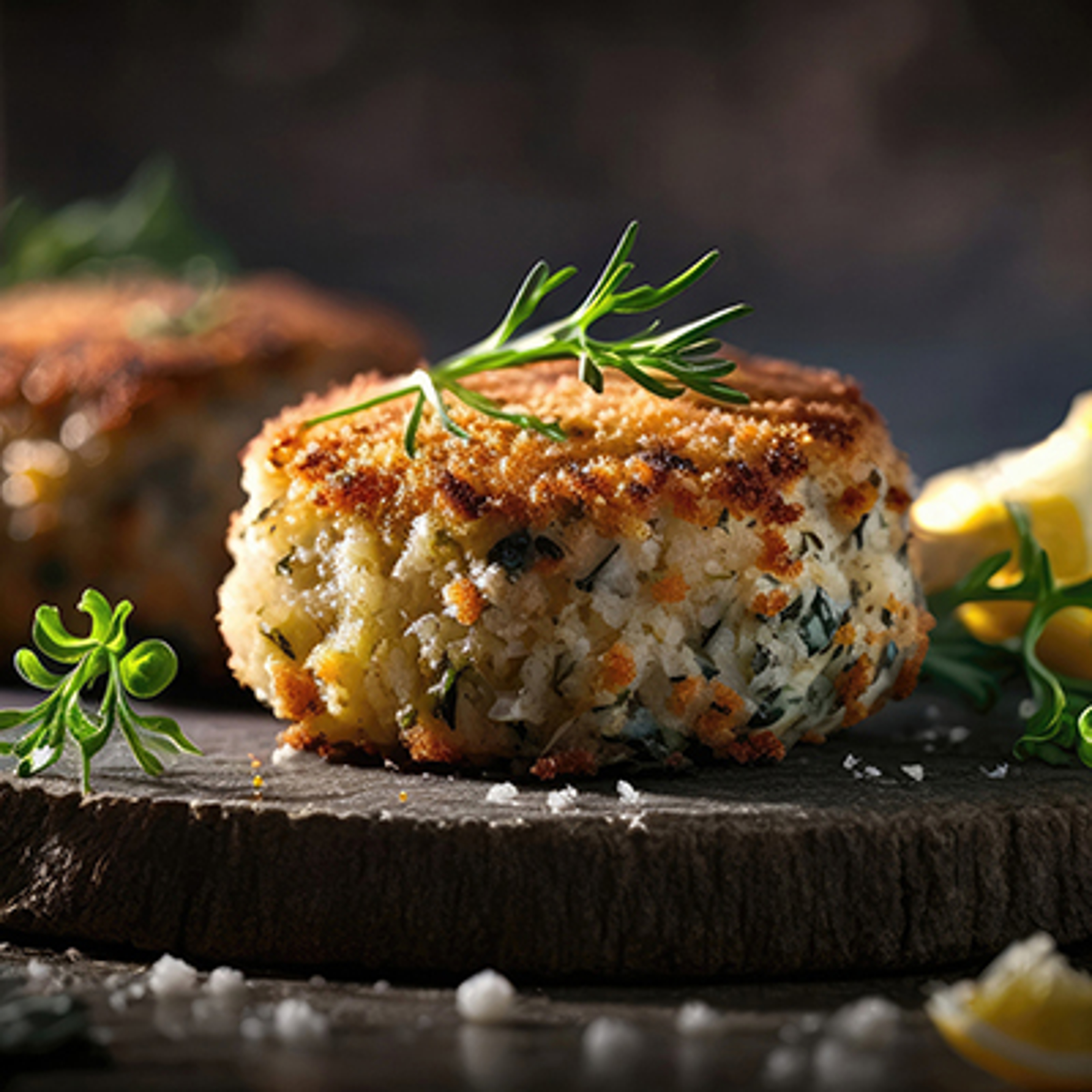 Closeup of crab cakes.