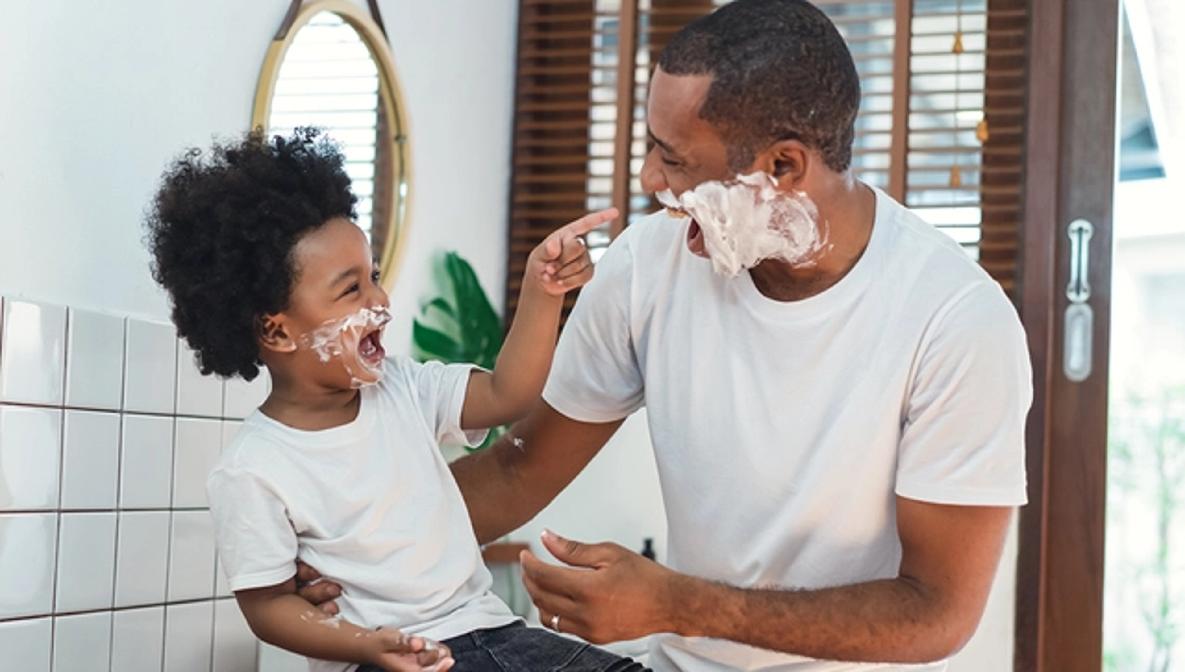 dad jokes hero father son shaving cream on face