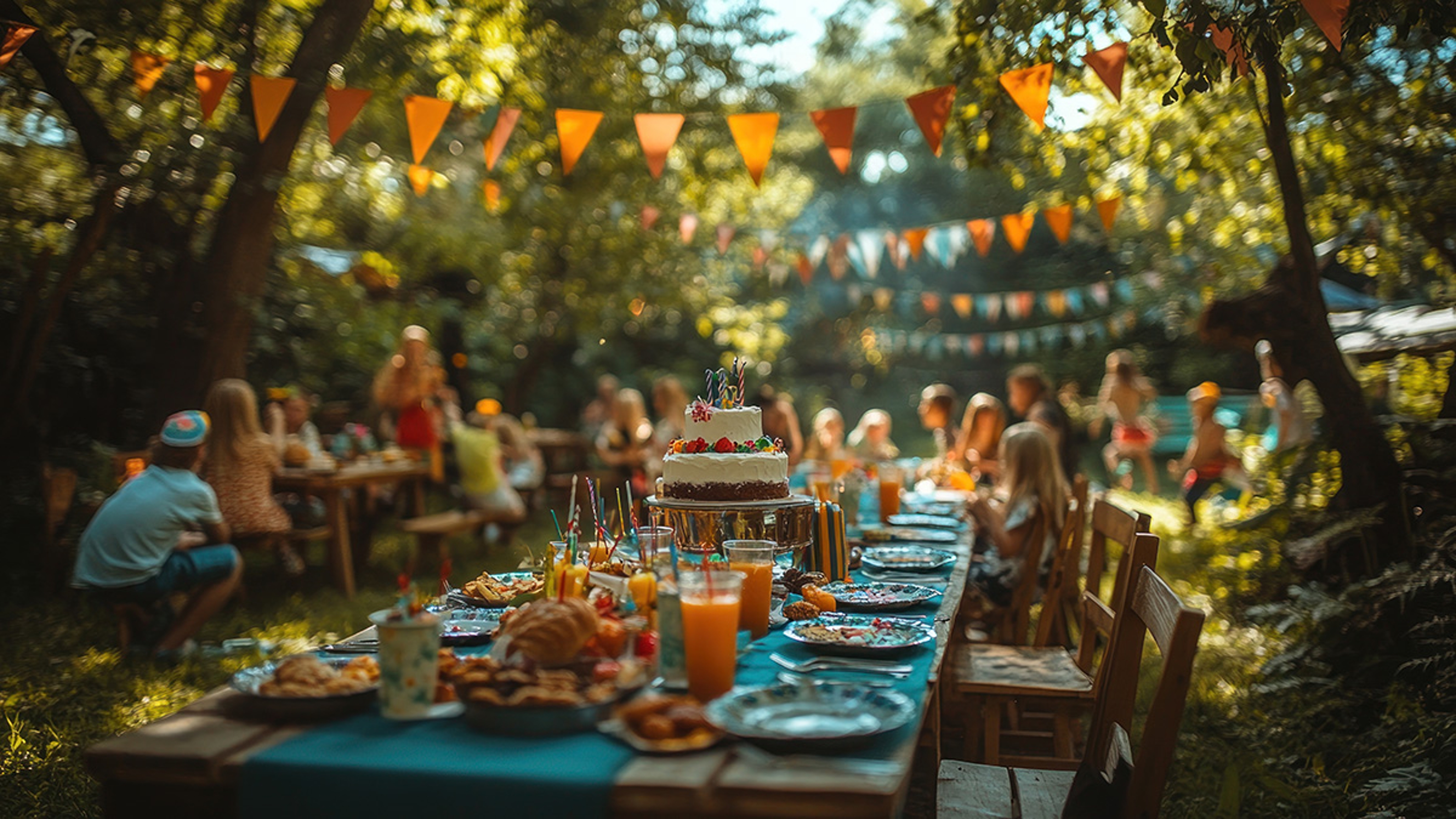 Outdoor summer birthday party with cake and food.