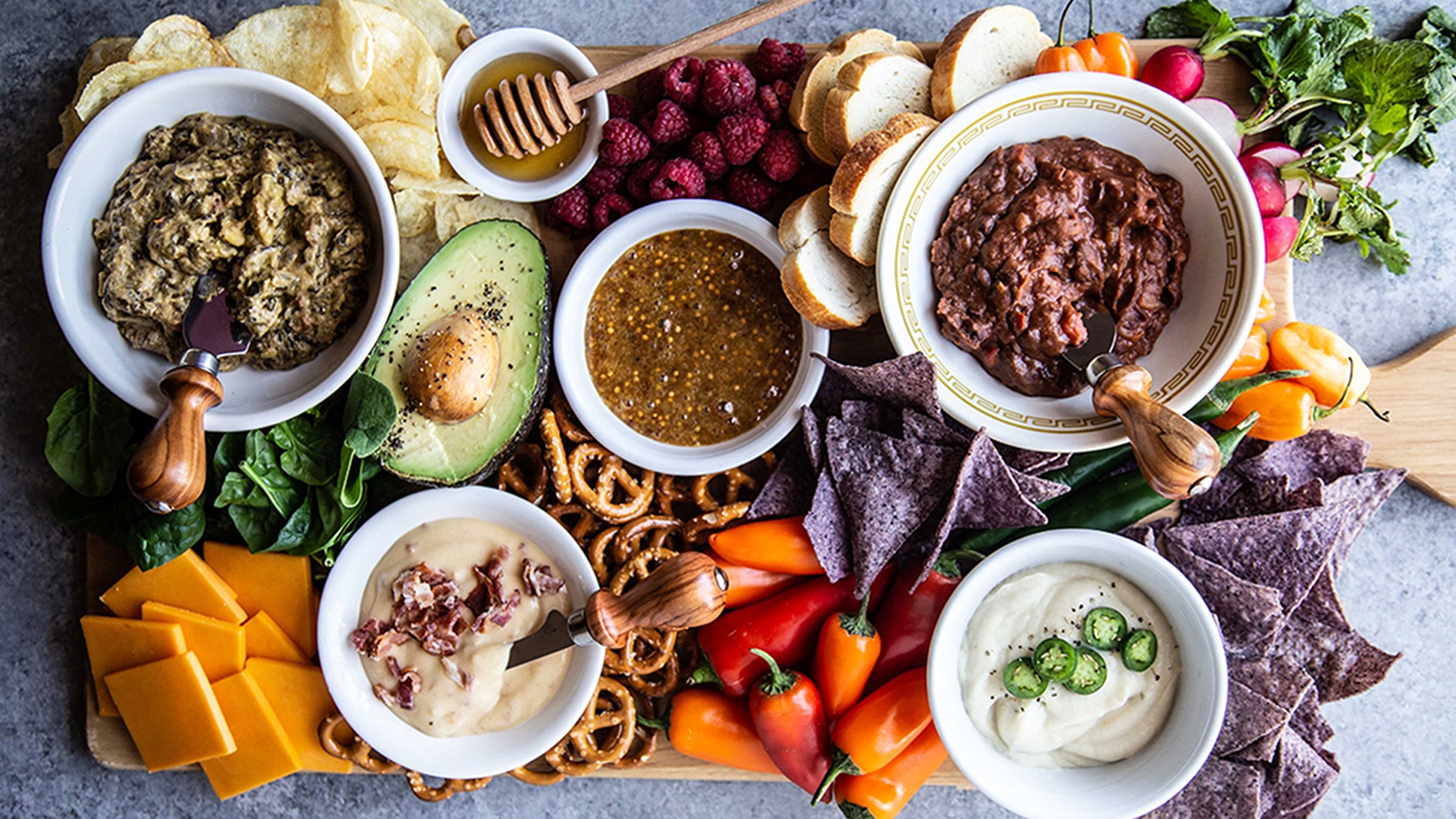 Game Day Snack Board With Kinds of Dips