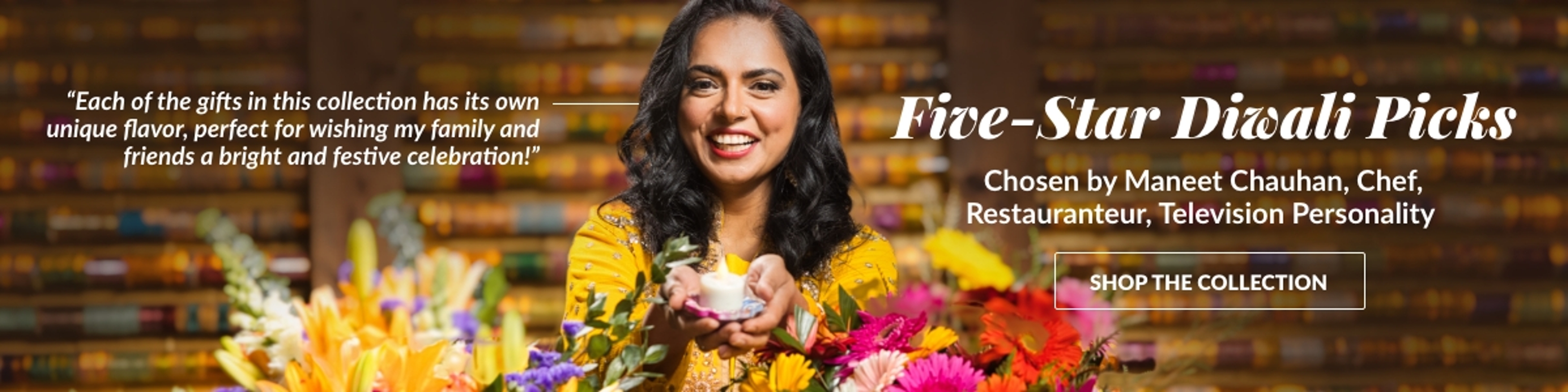 An ad for Maneet Chauhan's selection of Flowers.com products for celebrating Diwali.