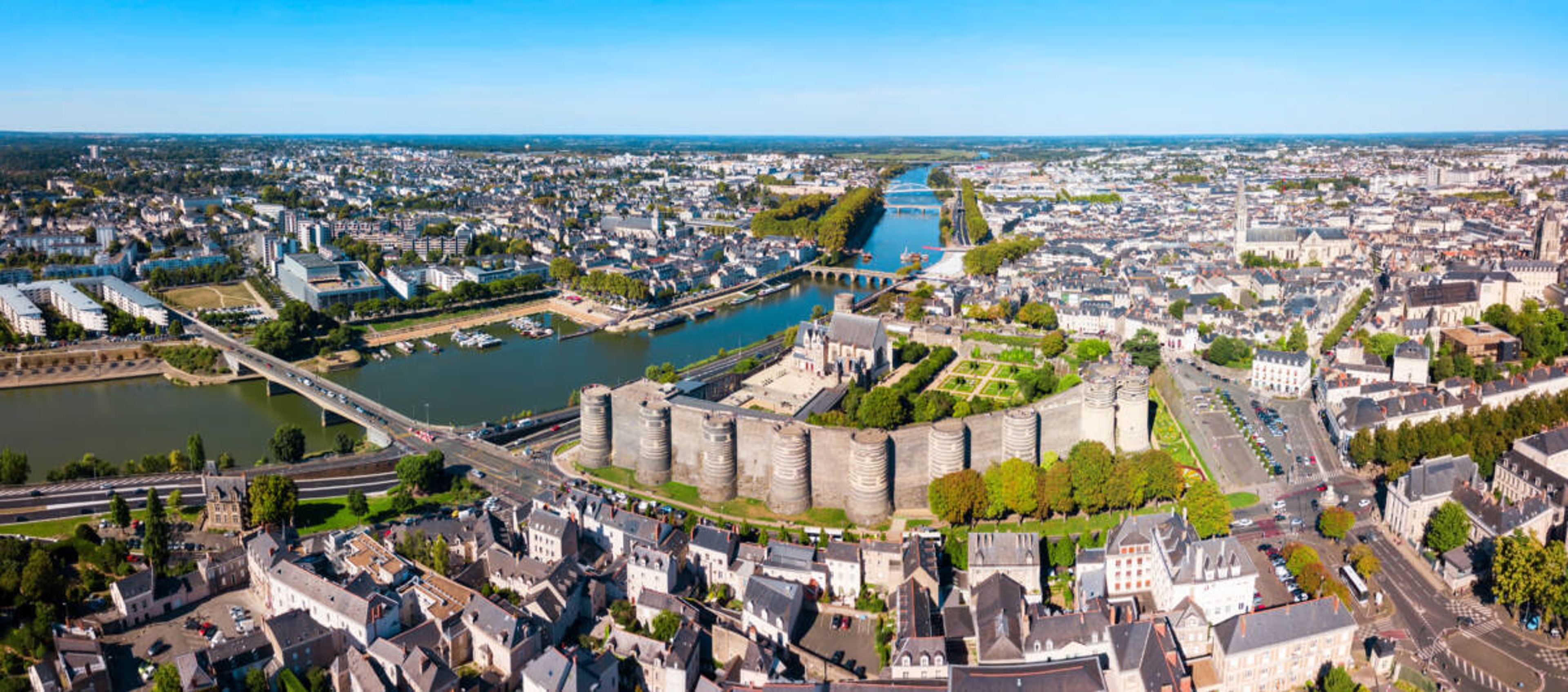 Angers aerial panoramic view. Angers is a city in Loire Valley, western France.