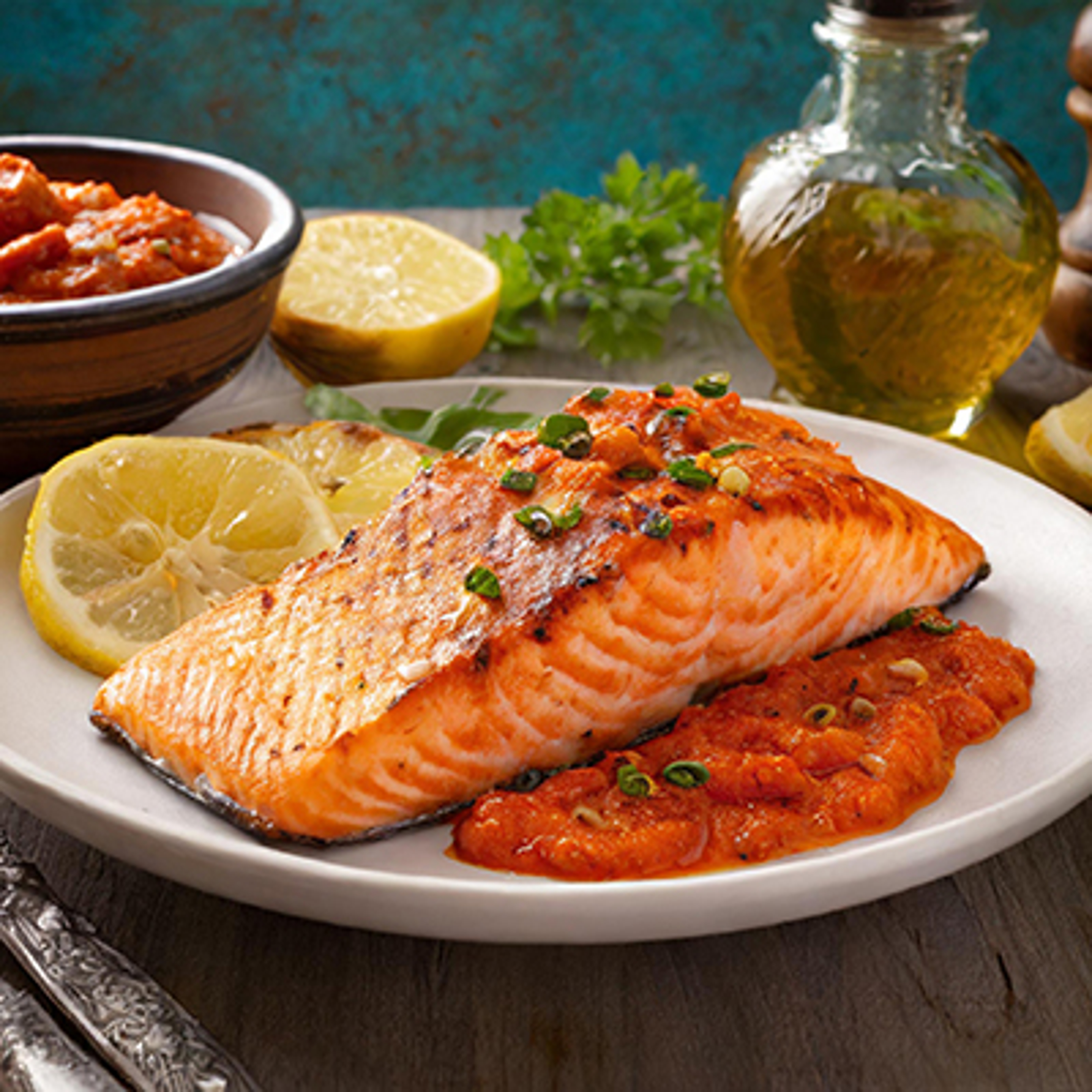 Plate of salmon with romesco fish sauce.