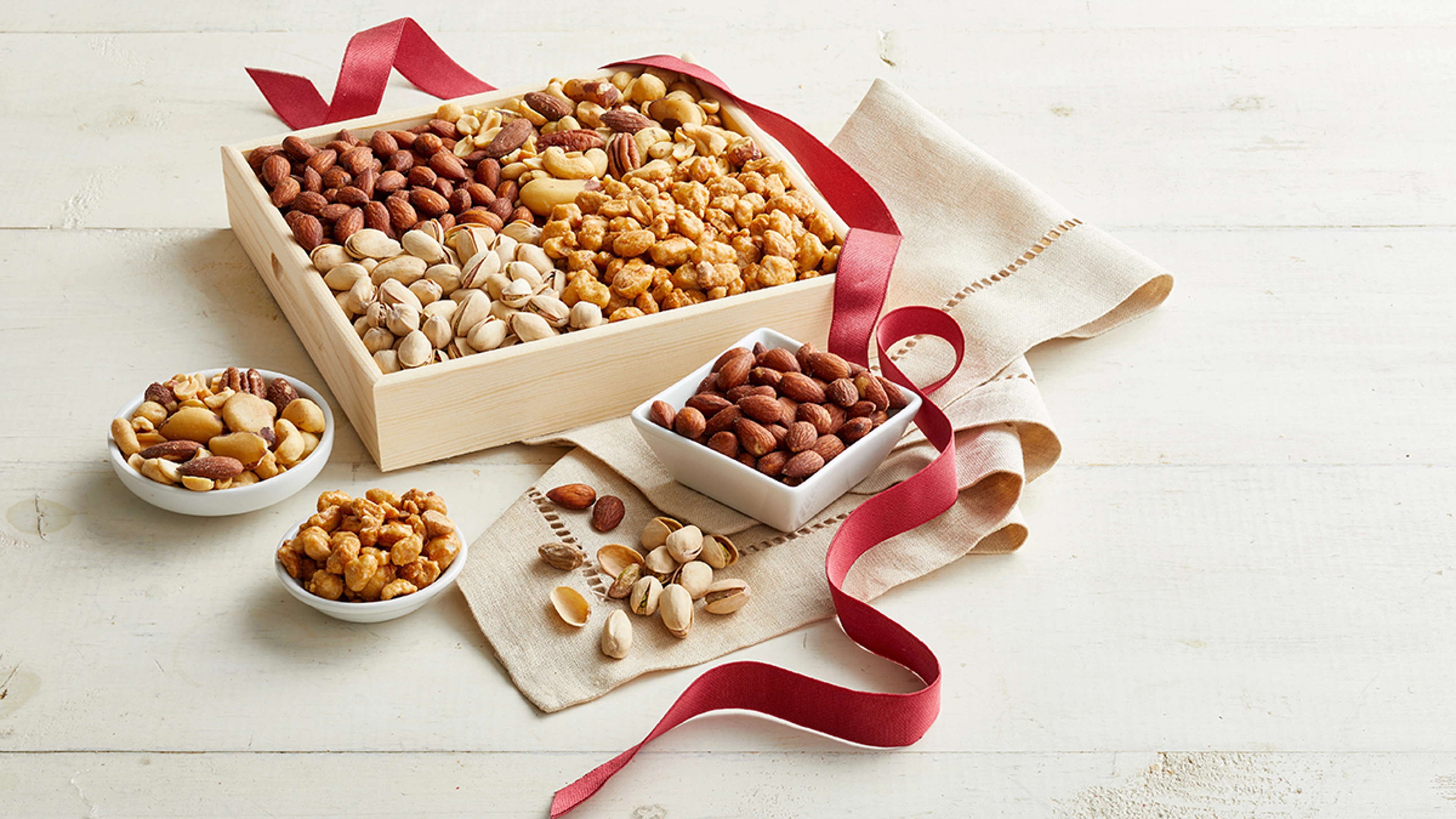 Bear Creek nuts box with red ribbon.