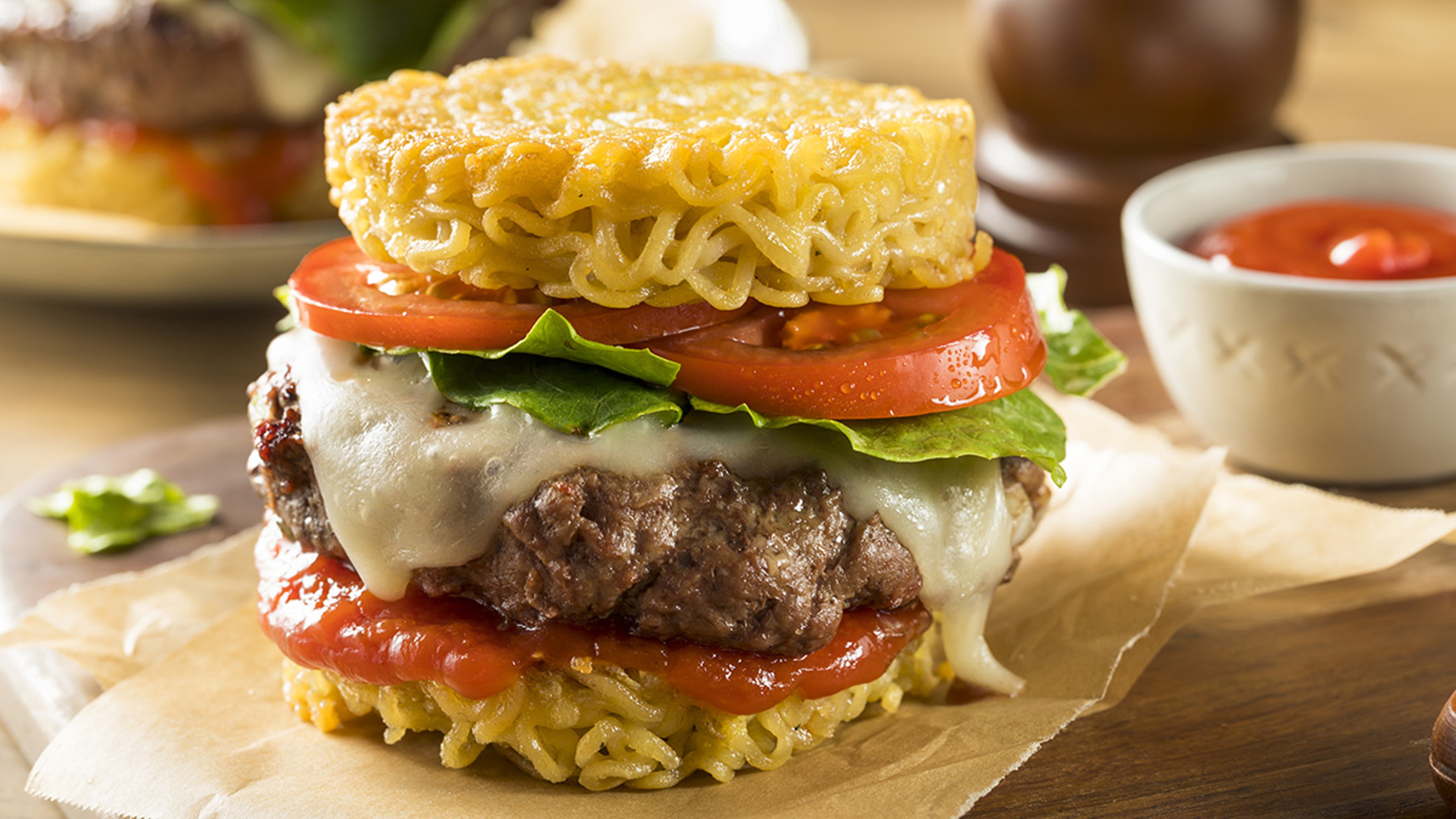 Homemade Ramen Cheese Burger with Lettuce and Tomato