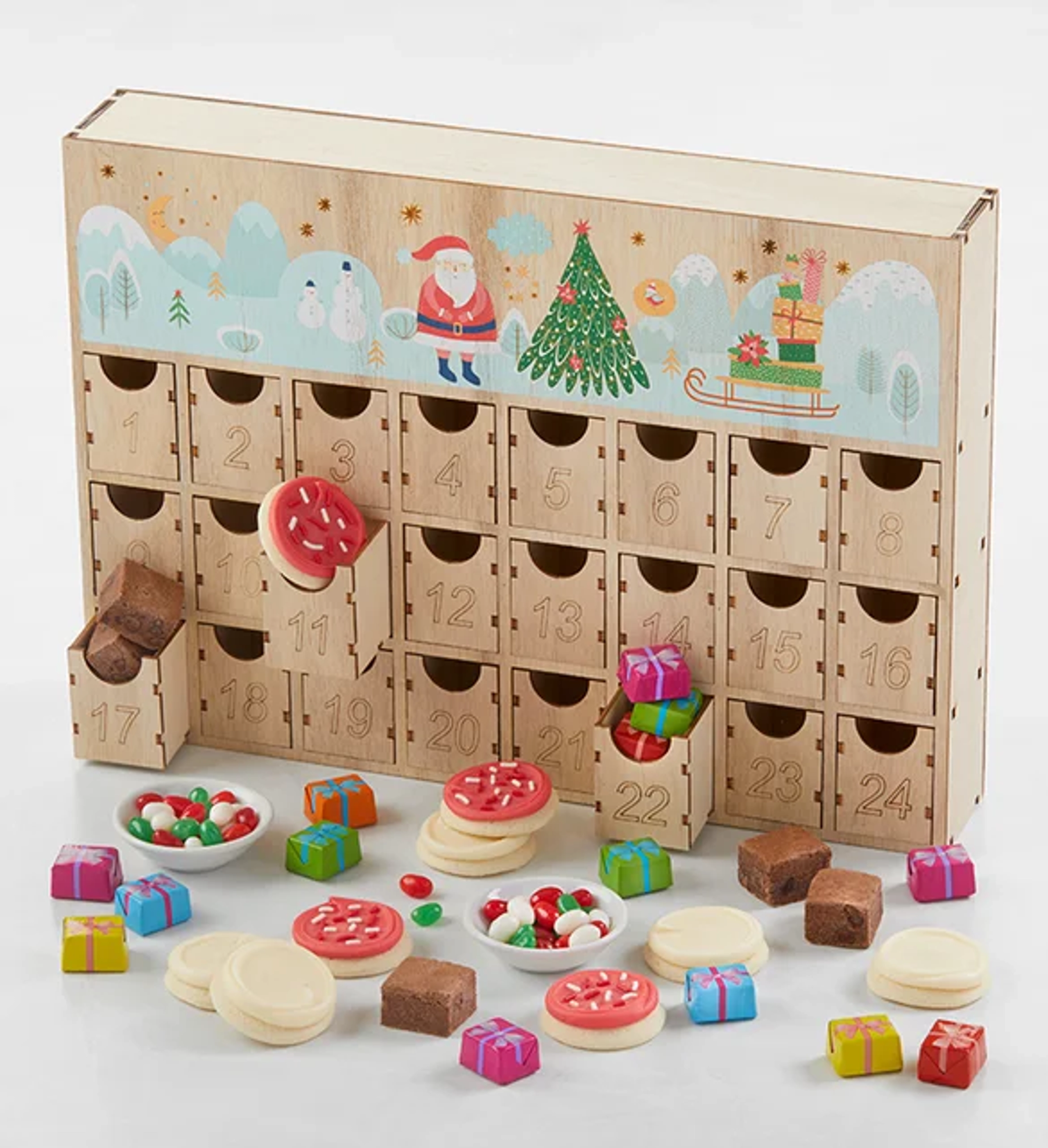 christmas traditions wooden advent calendar with cookies
