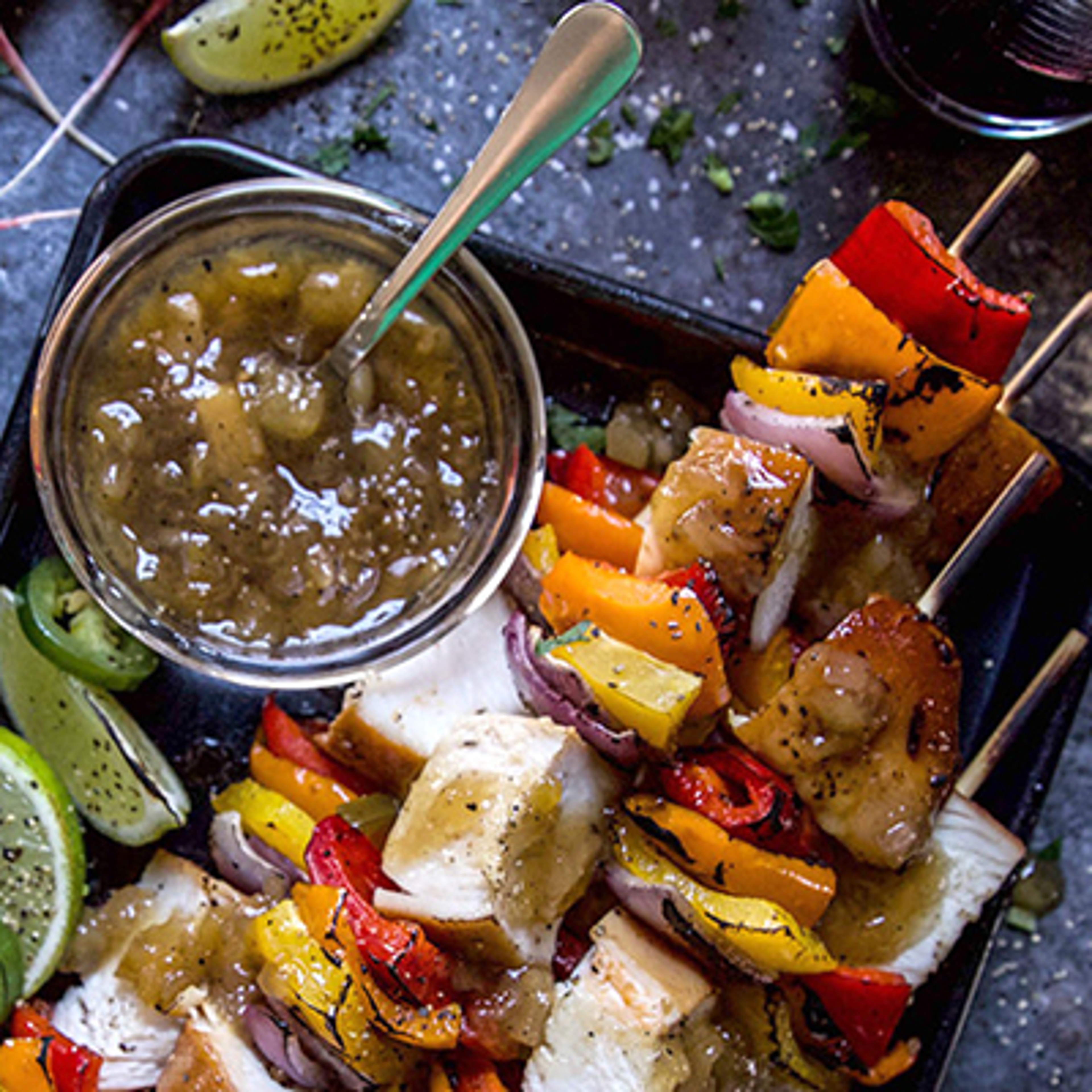 Father's Day recipes with a platter of chicken and vegetable kebabs.