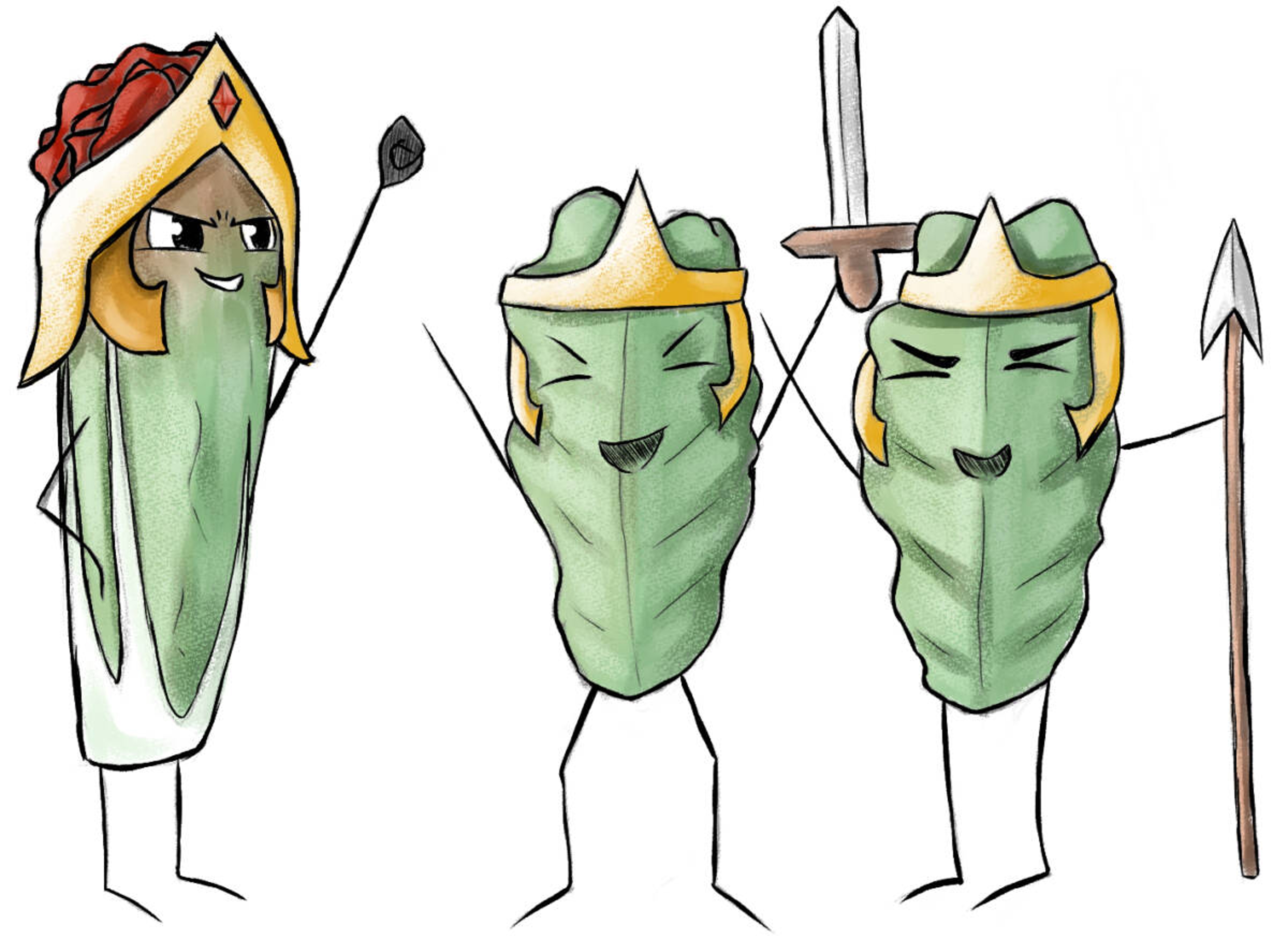 Food puns. An illustration of romaine lettuce as warriors.