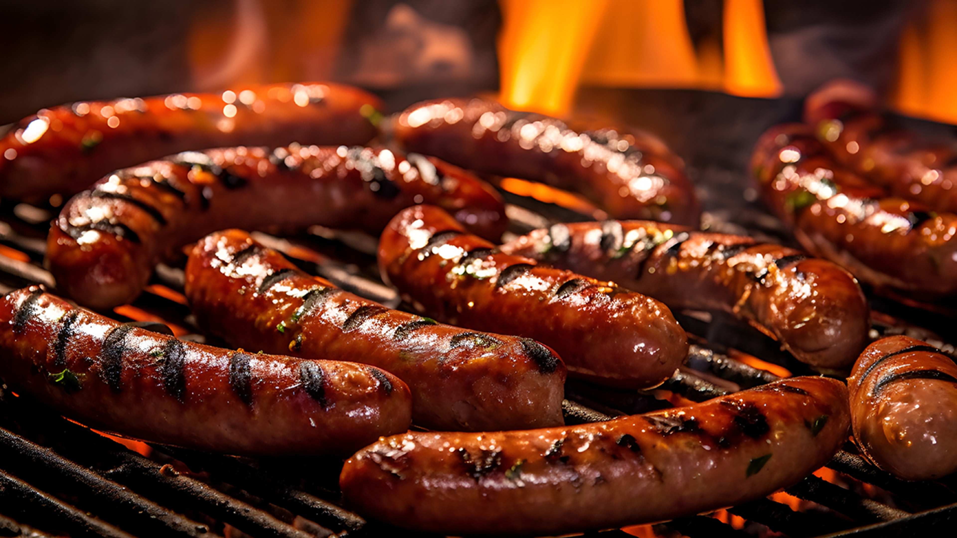 Sausages grilling on a grill.