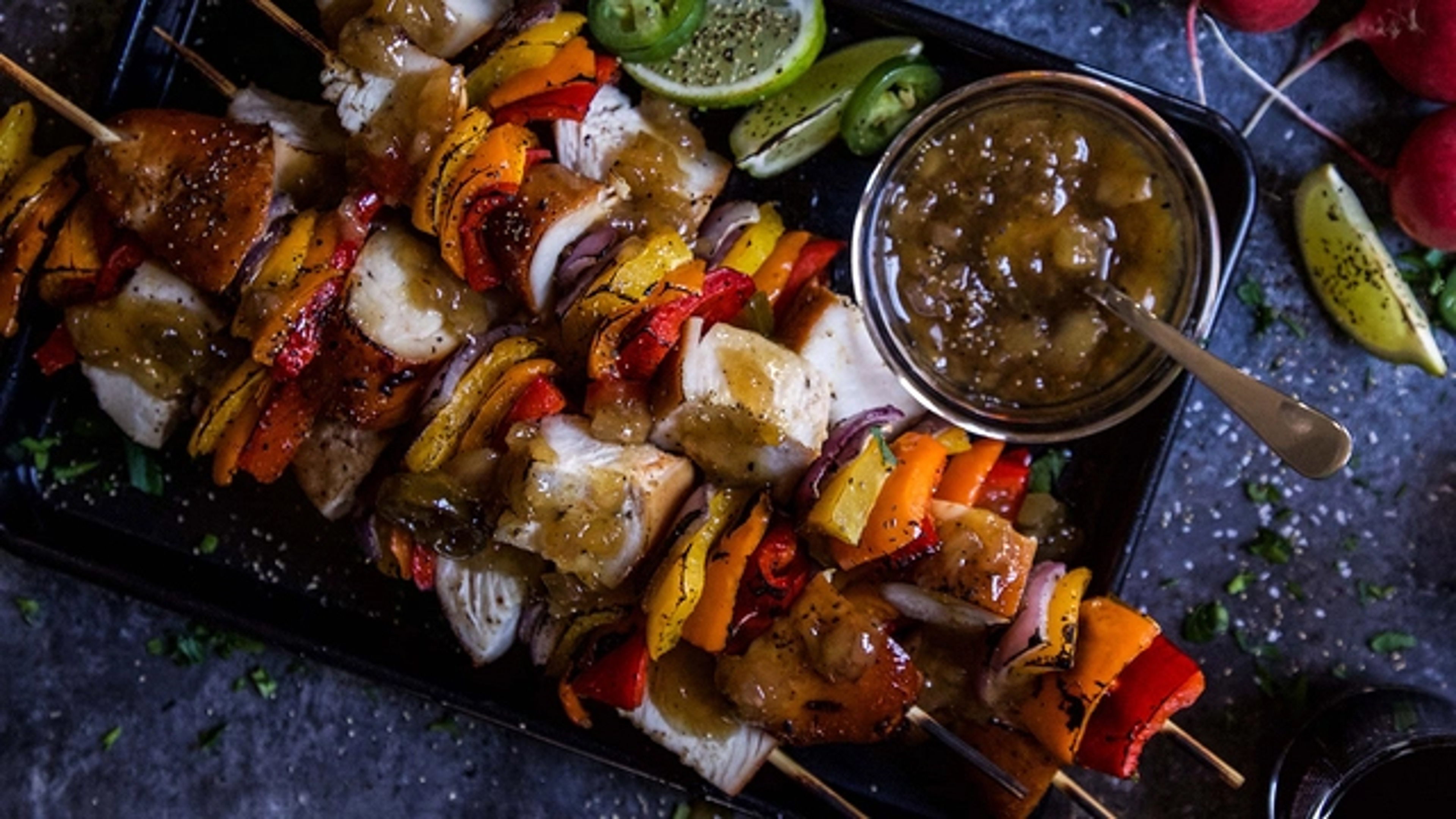 Plate of marinated kebabs.