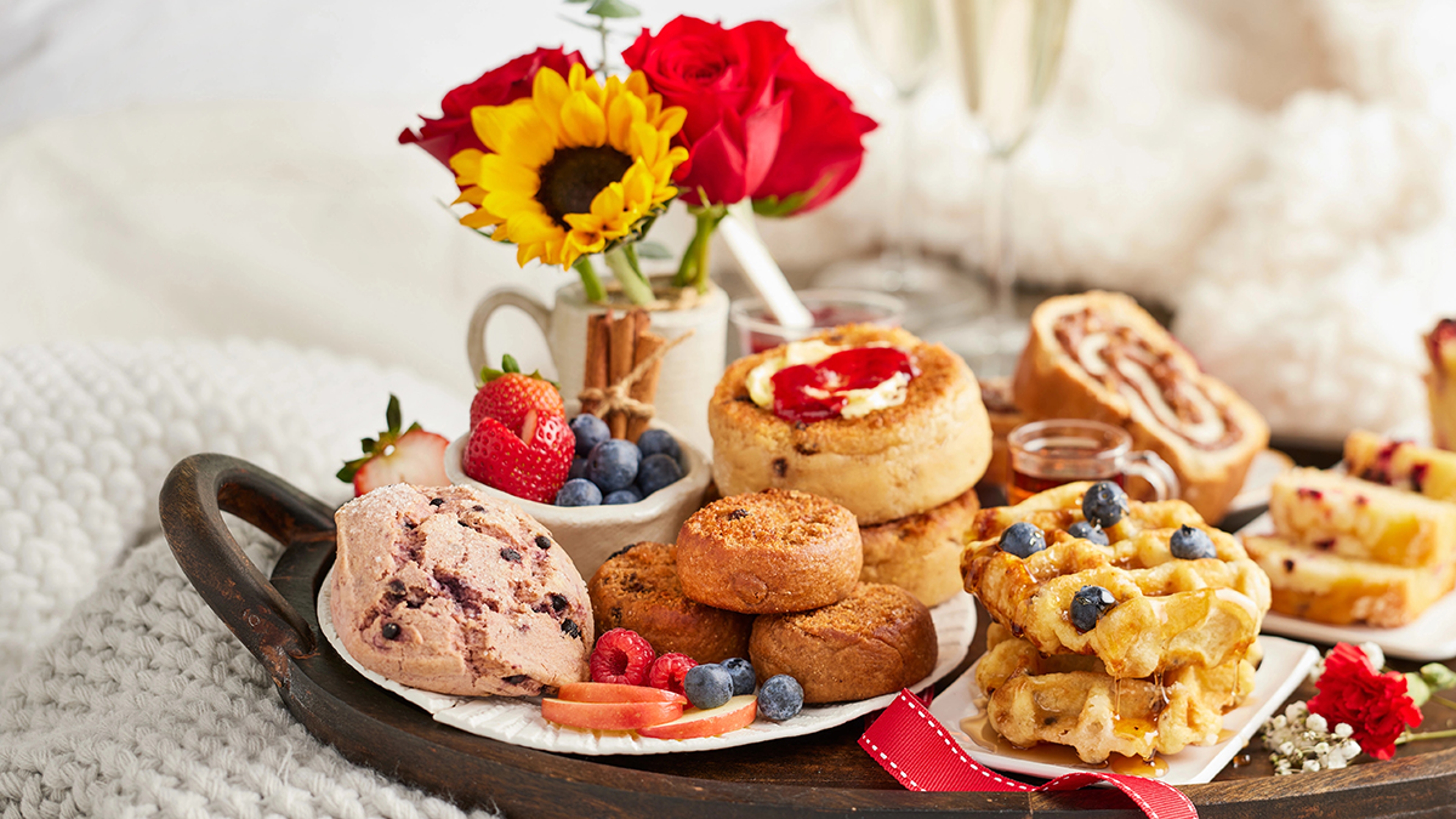 Breakfast spread on a tray.