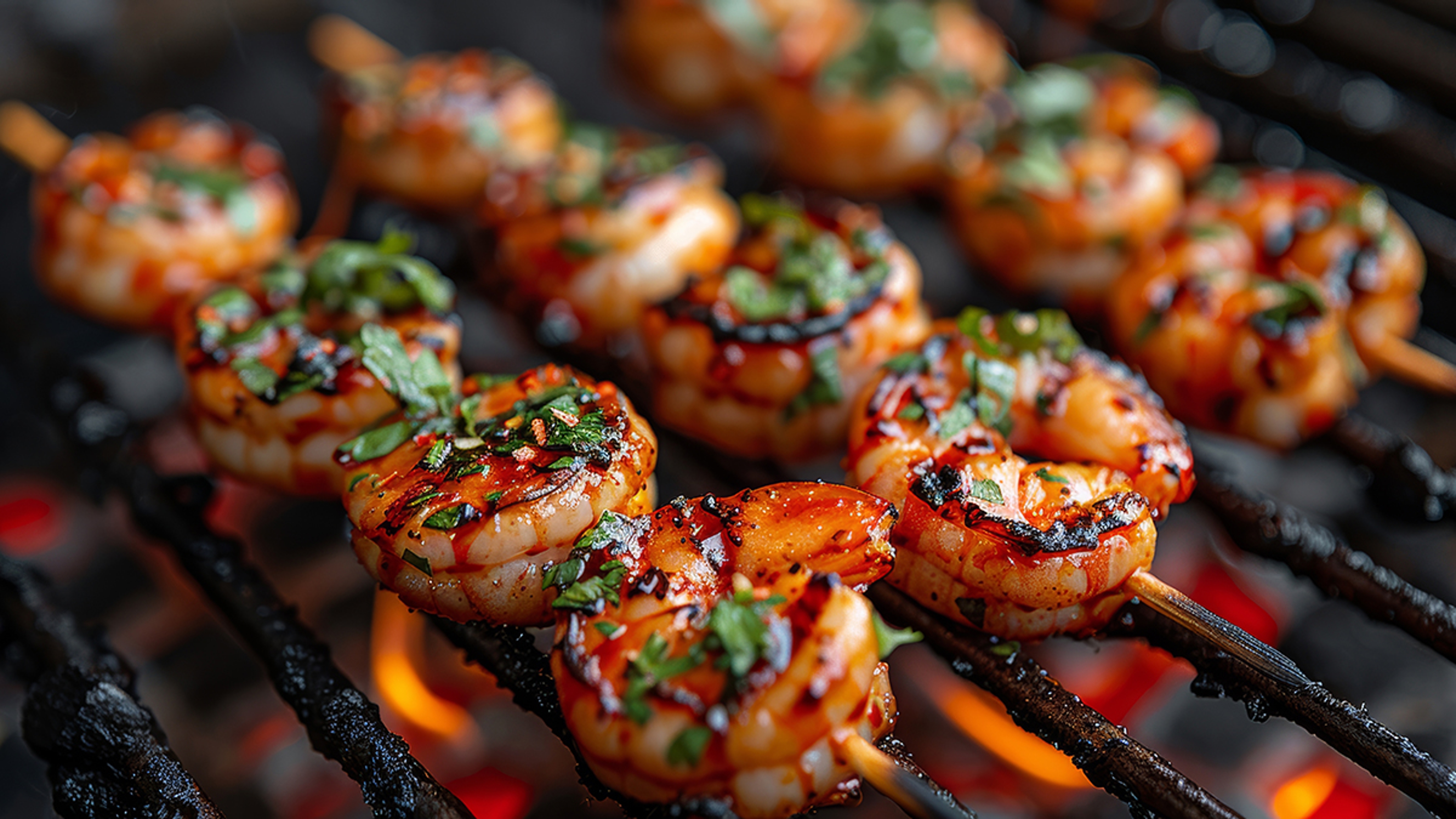 Grilling recipes with skewered shrimp on a grill.