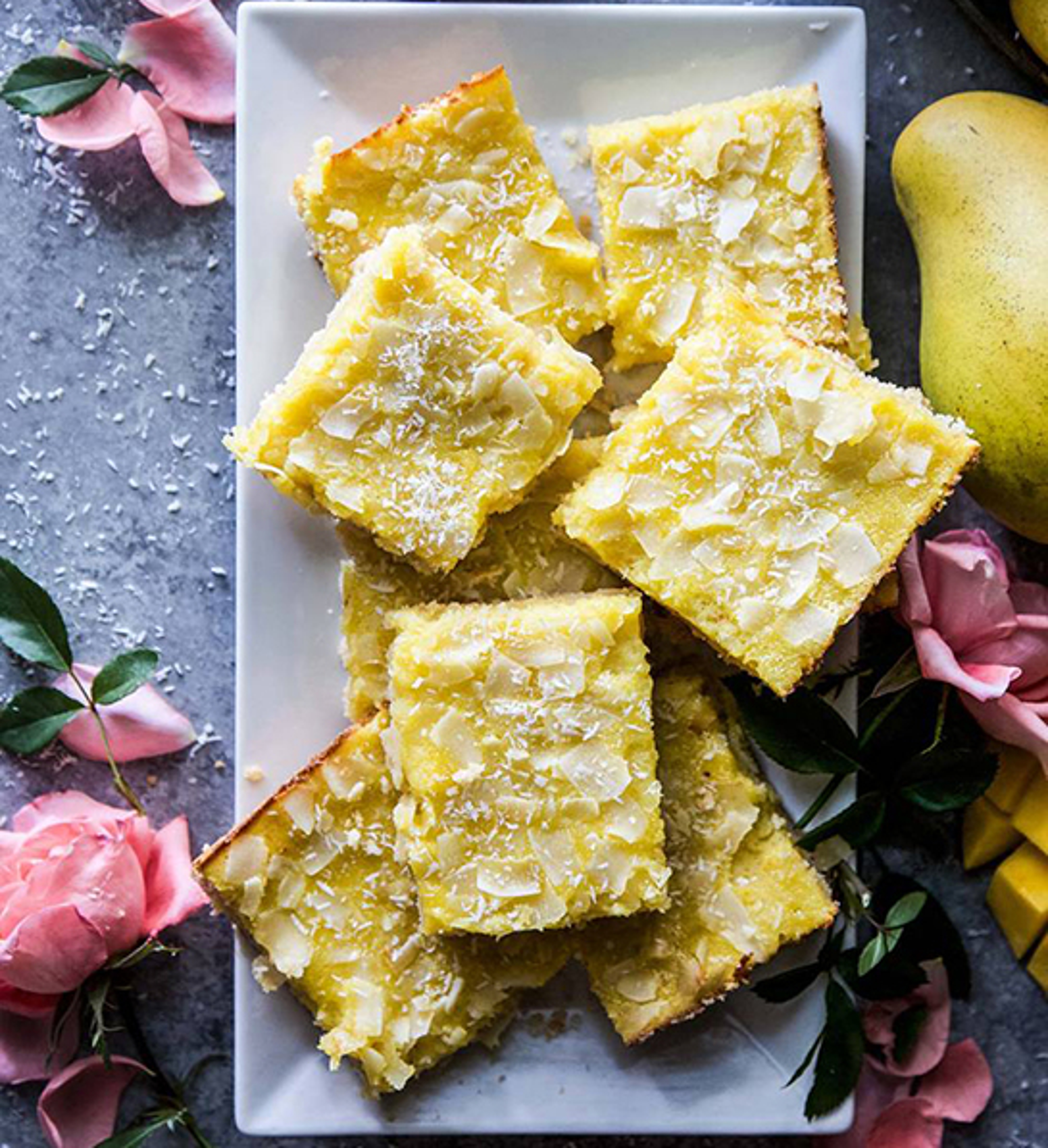 Stack of mango coconut cookie bars.