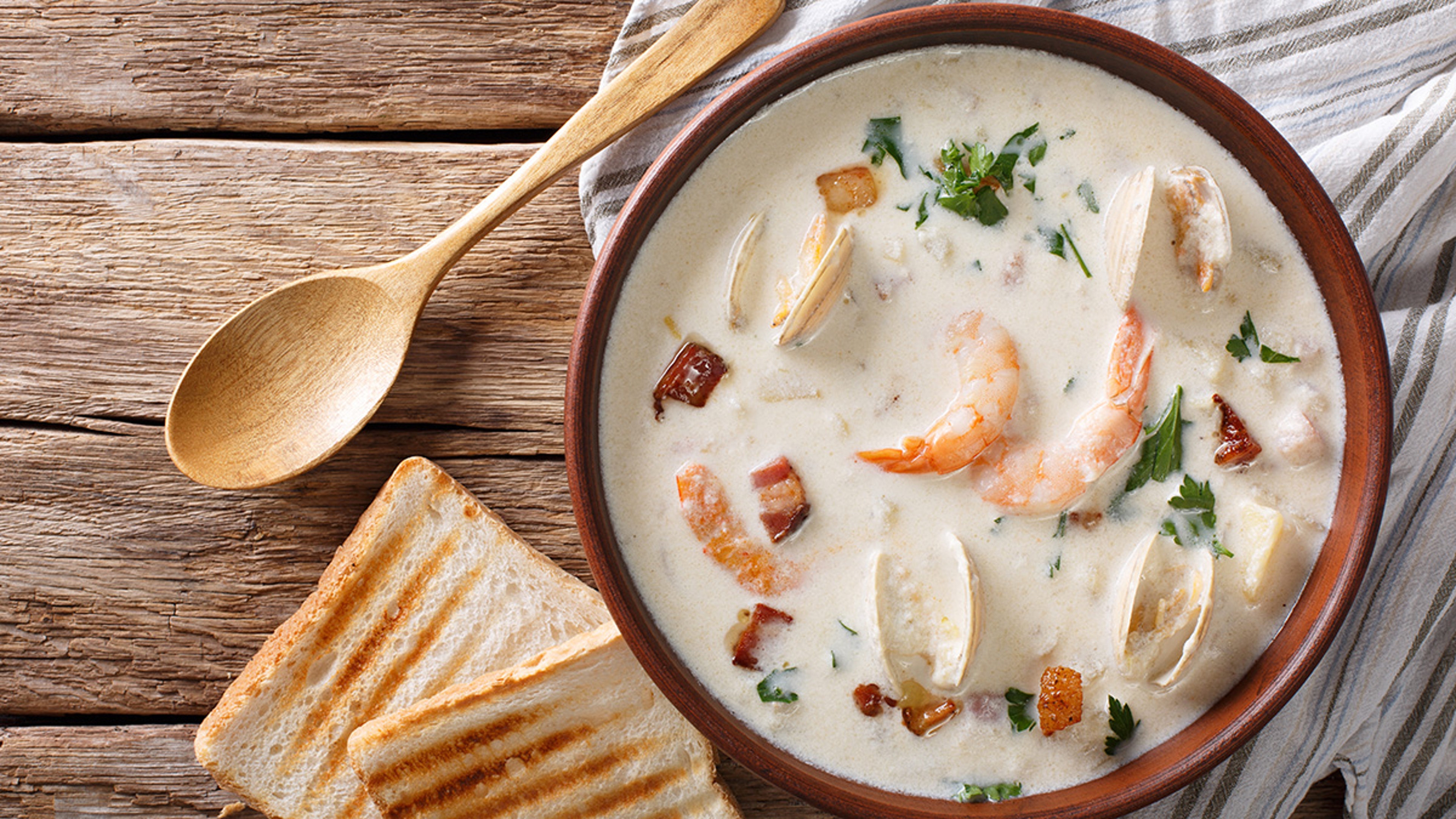 New England clam chowder with toasted bread.