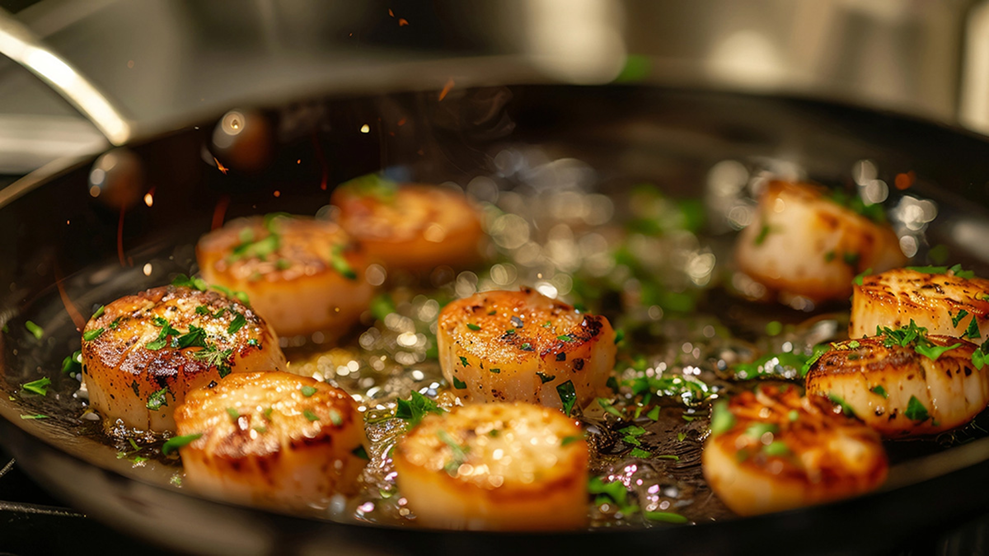 Closeup of scallops cooking in a pan.