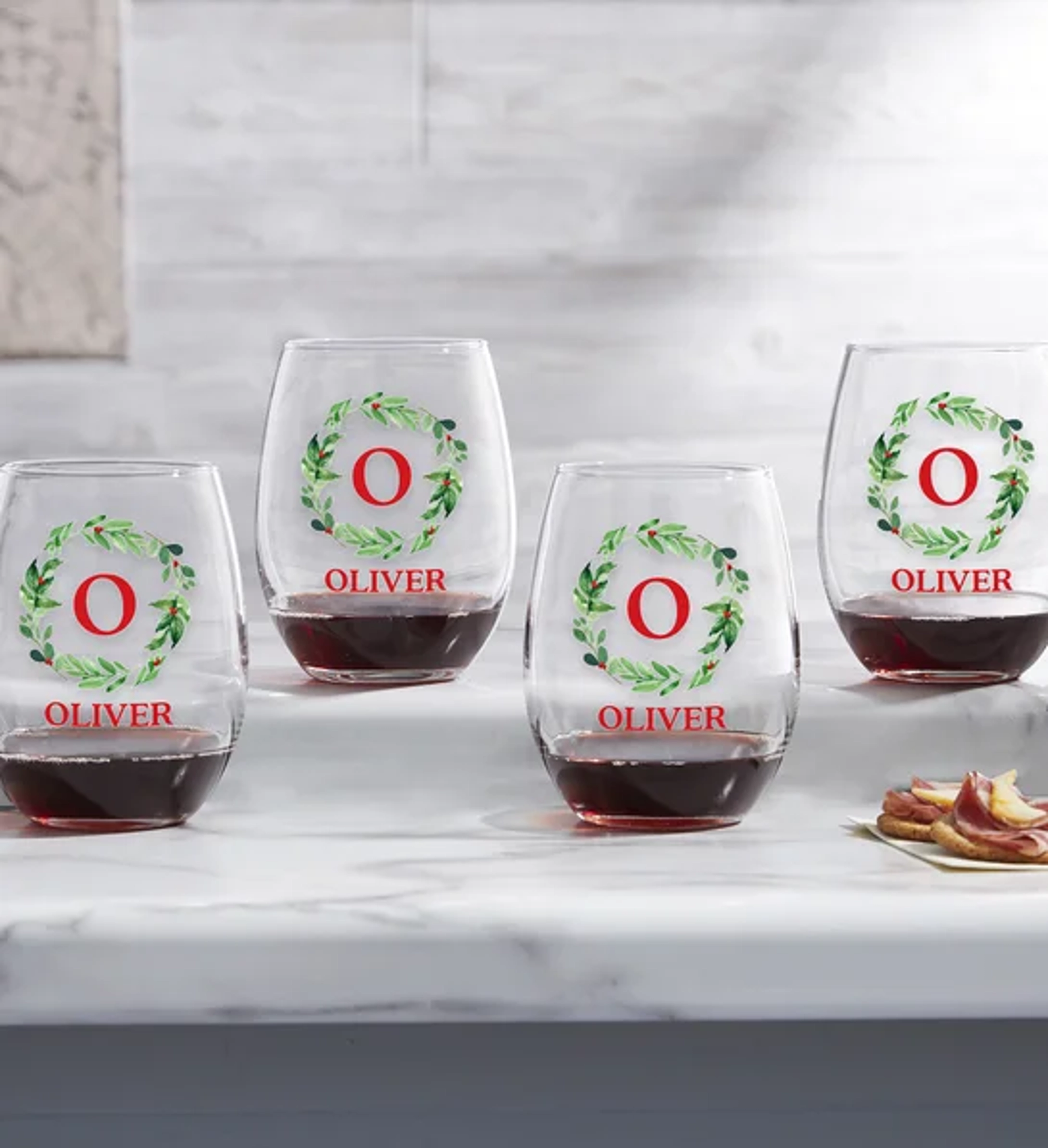 Watercolor Wreath Personalized Christmas Wine Glasses