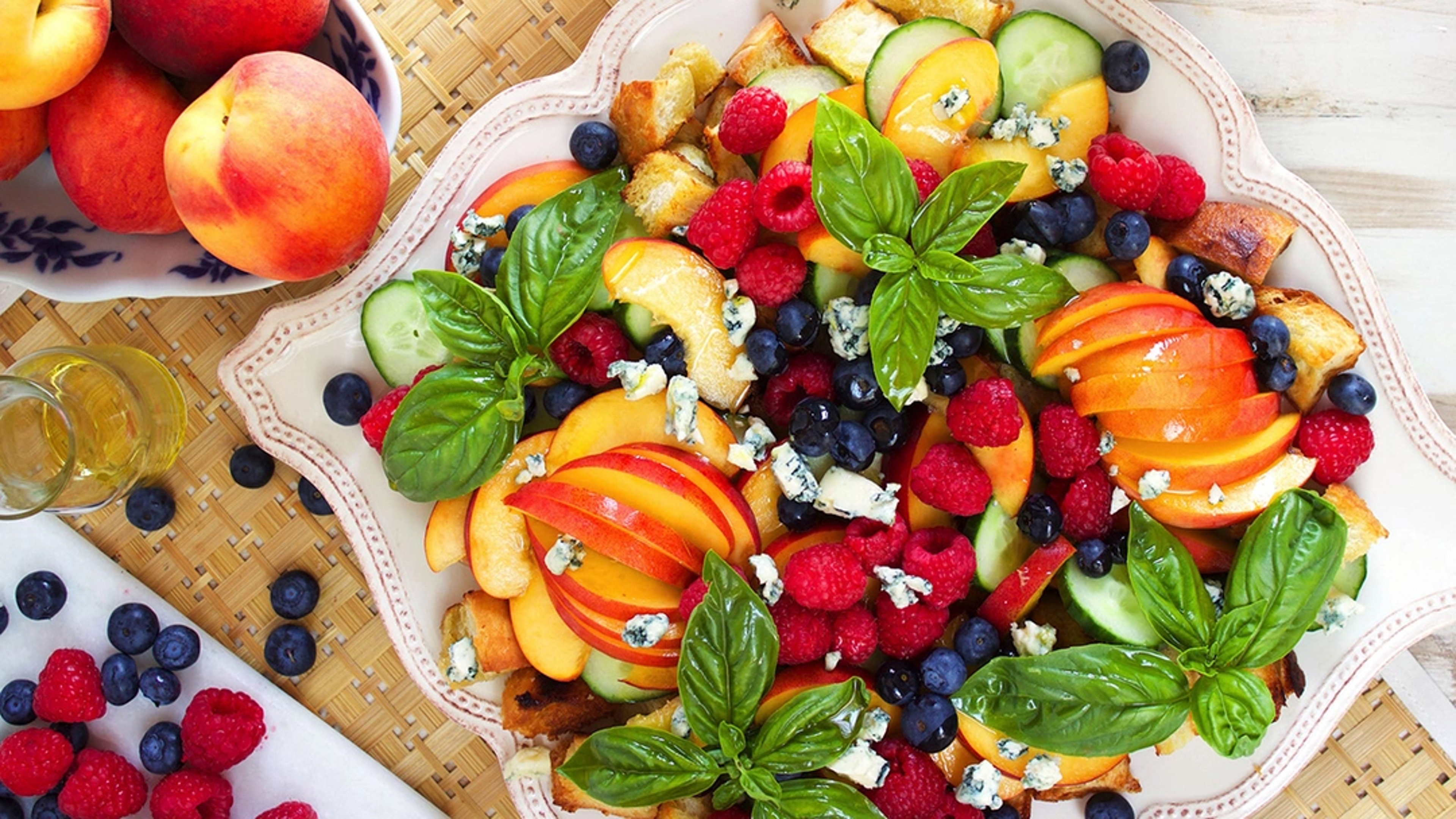 Fruit salad with mint and blue cheese.