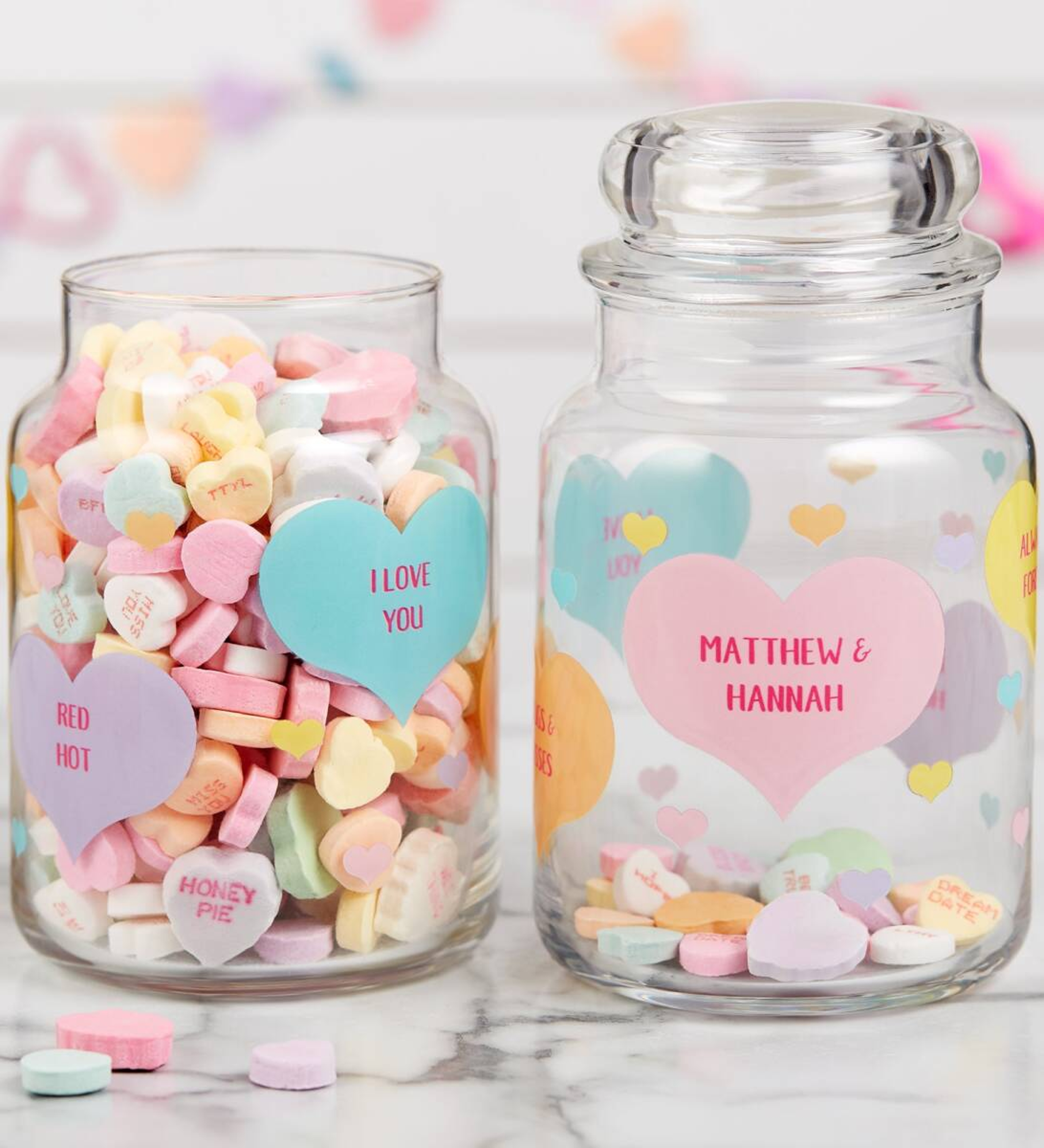 valentines day symbols with Conversation Hearts Personalized Candy Jar