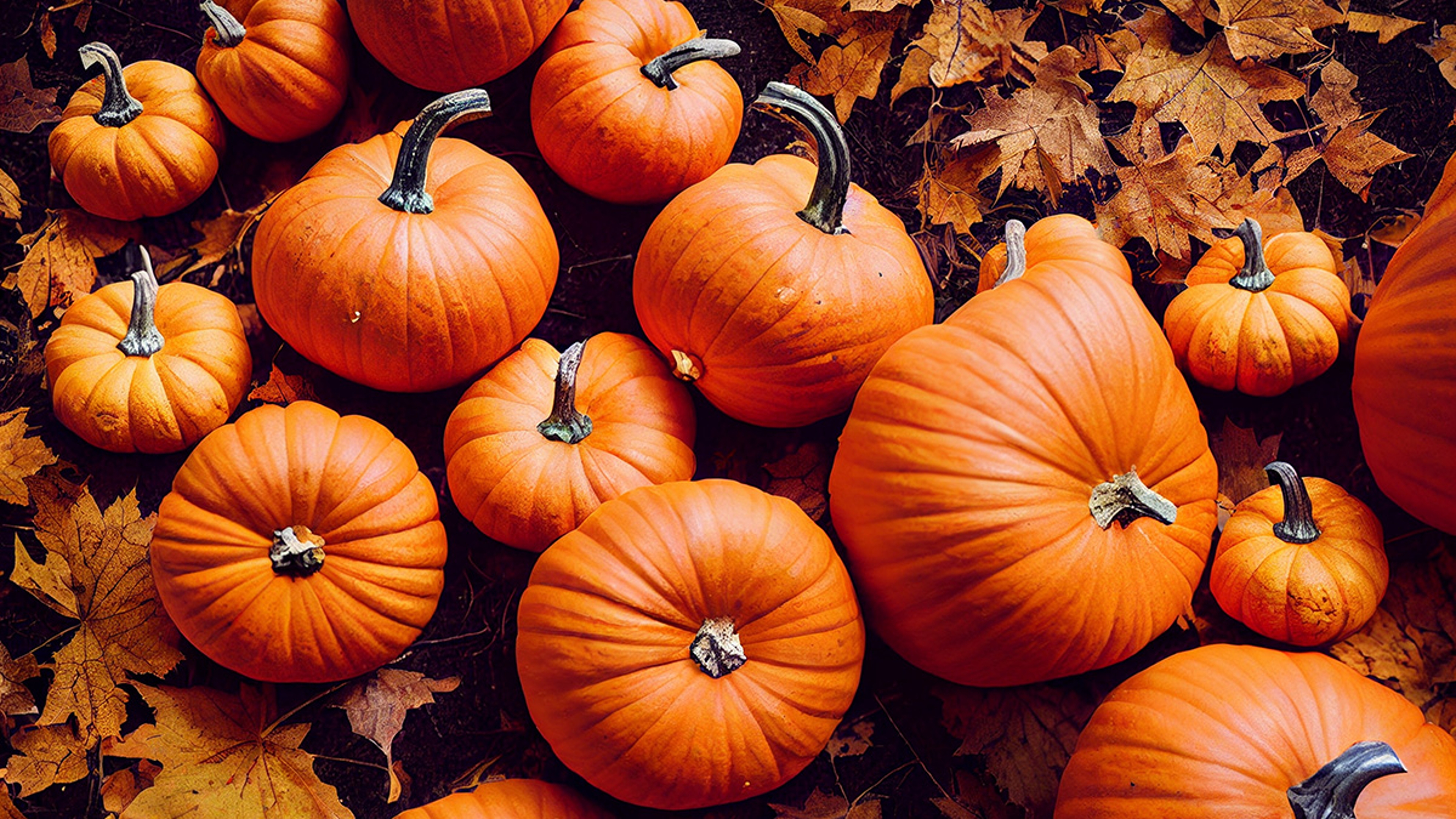 Field of pumpkins with fall leaves.