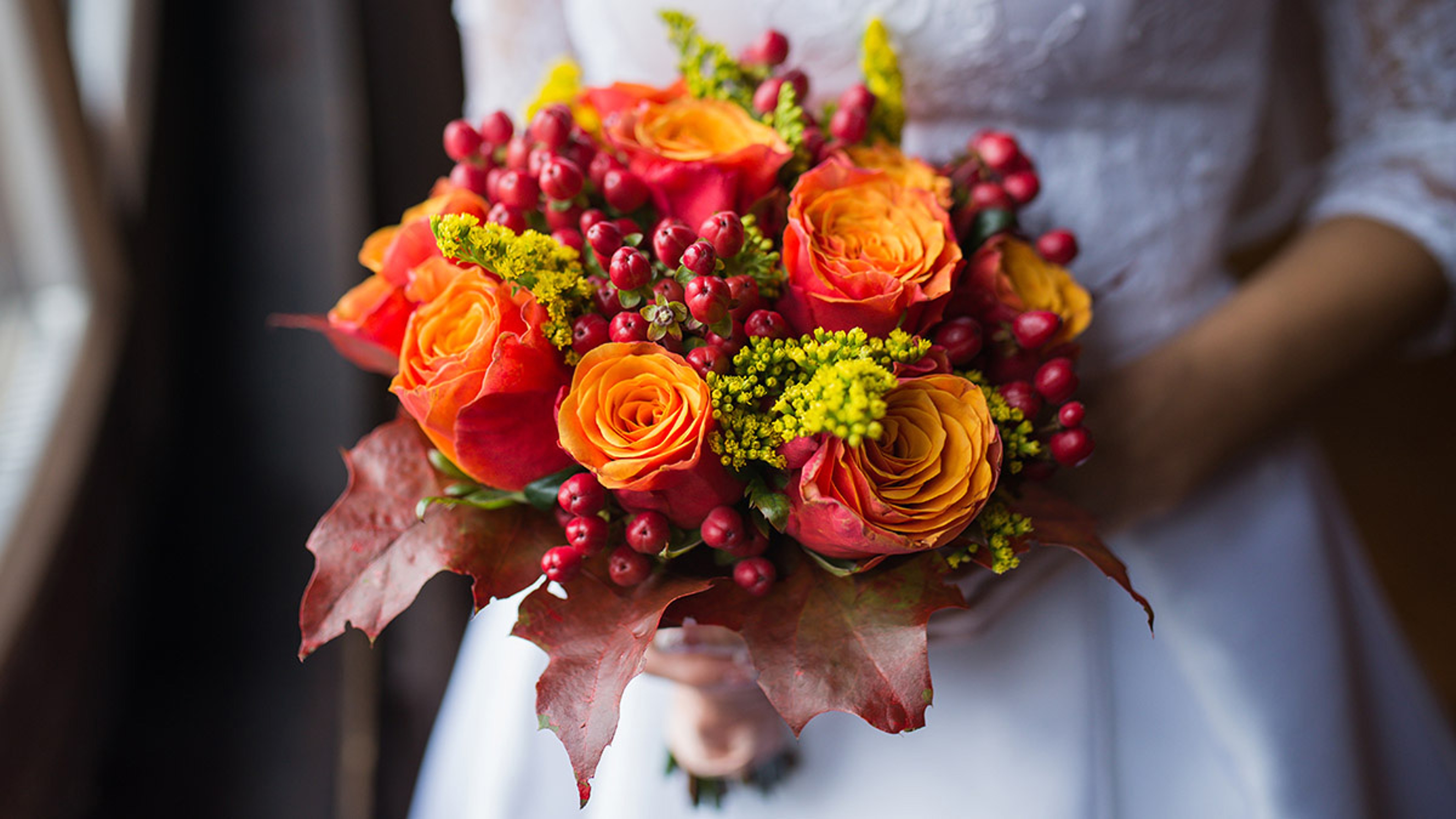 Wedding bouquet of fall flowers.