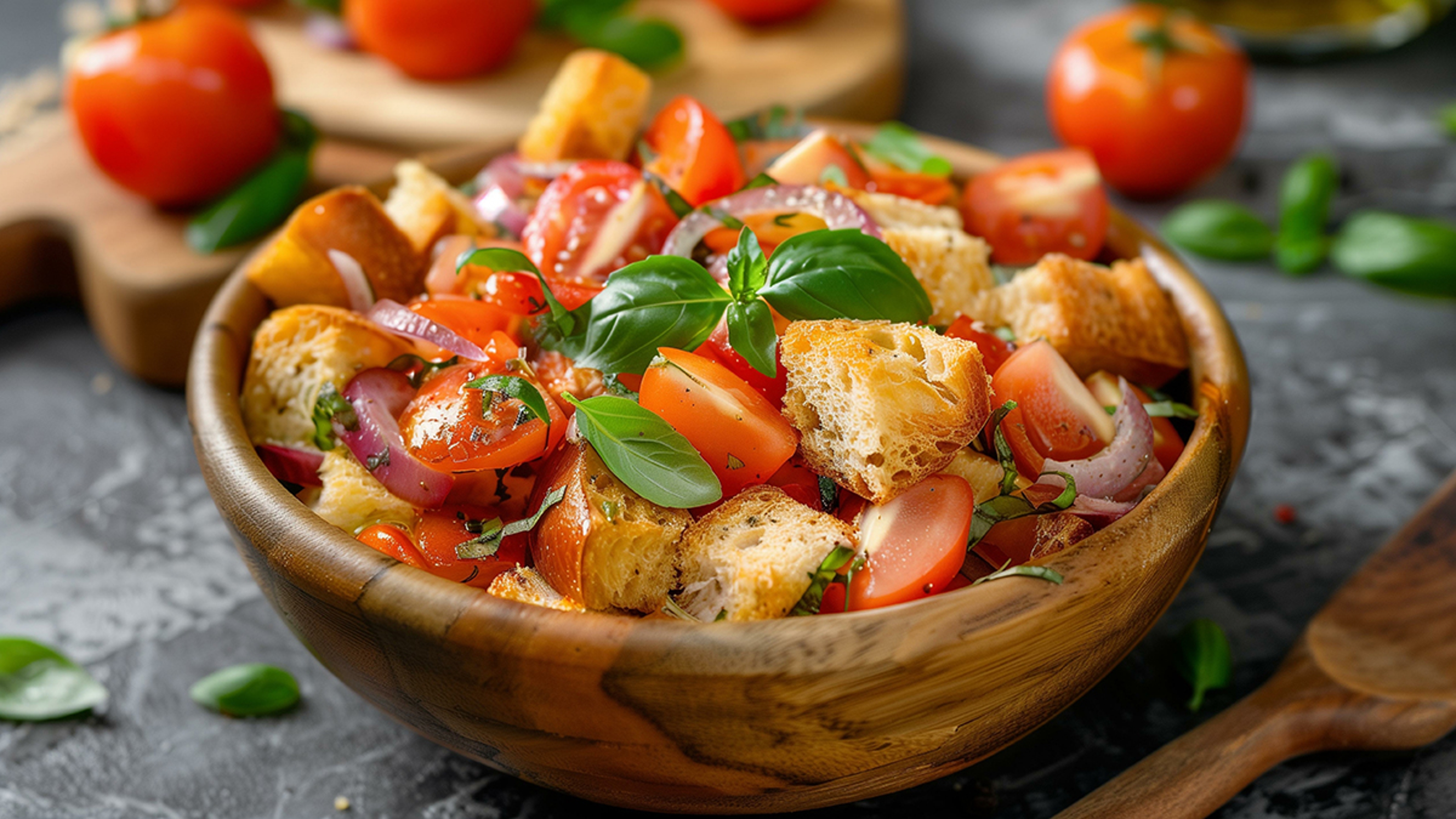 Tomato panzanella salad in a bowl.