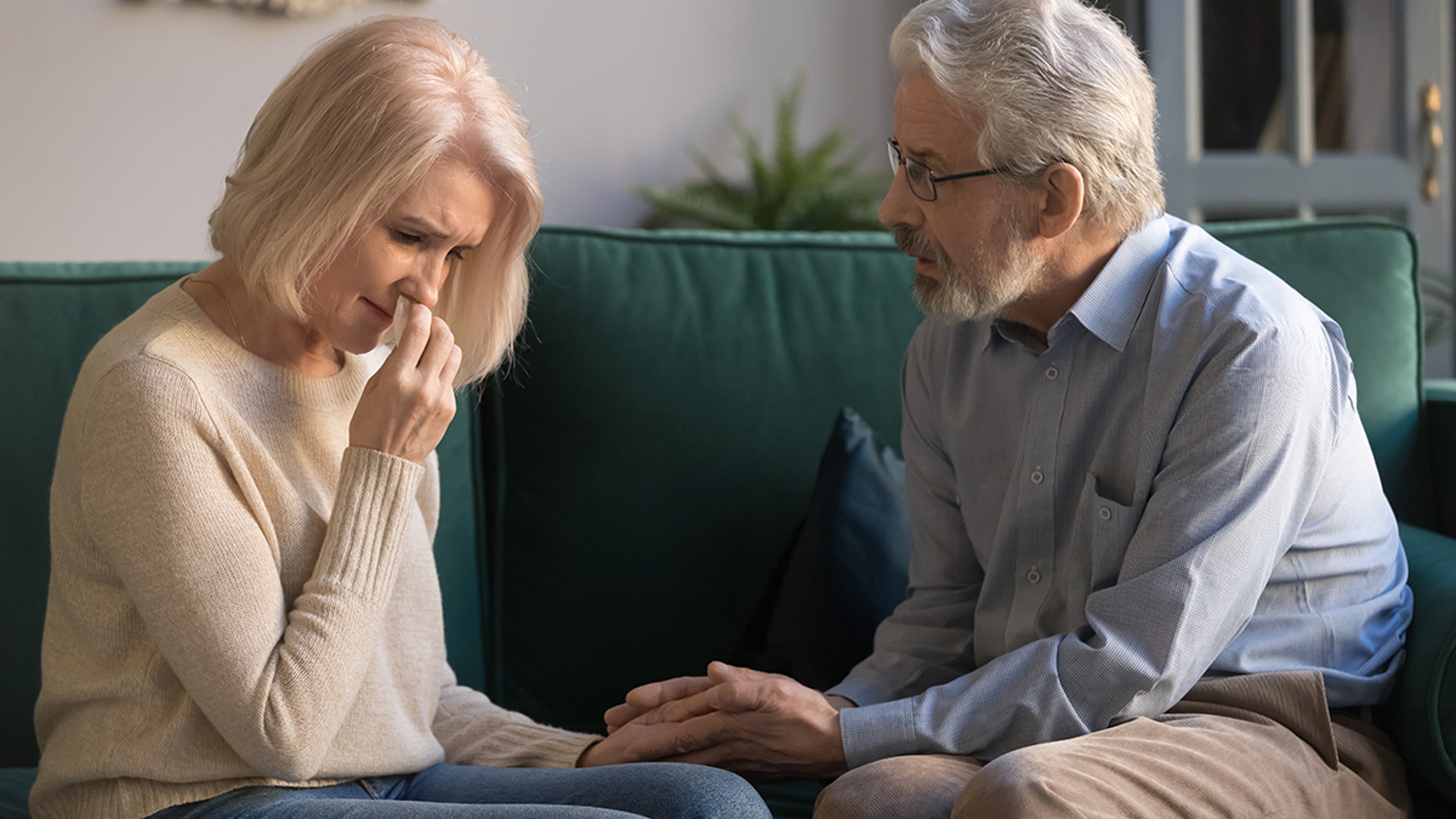 Article Cards Featured Image Loving kind old husband consoling comforting sad crying grieving middle aged wife, senior spouse talking give empathy compassion help with health problem in trust retired couple marriage relationship