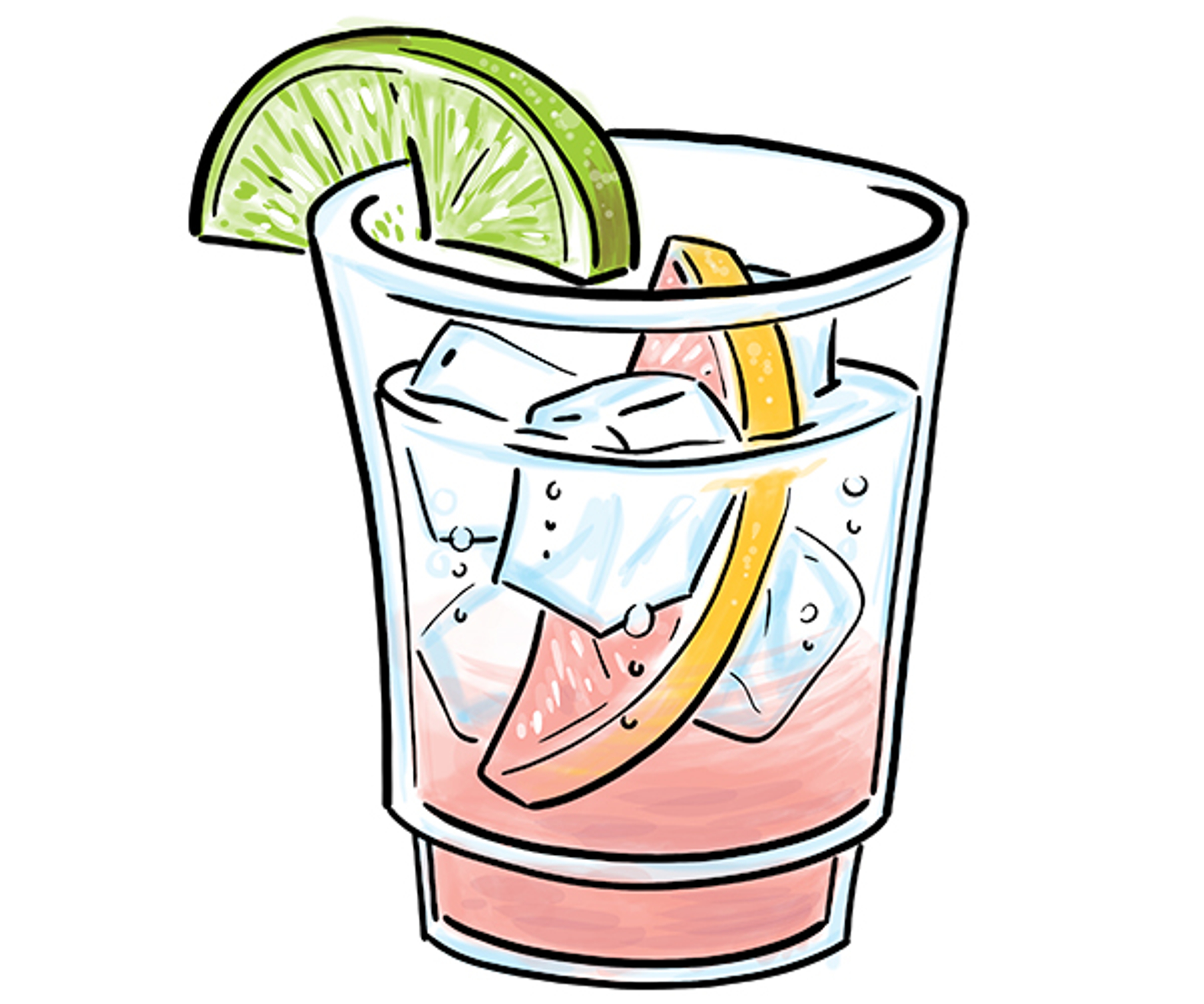 Drawing of a grapefruit Paloma with a lime garnish