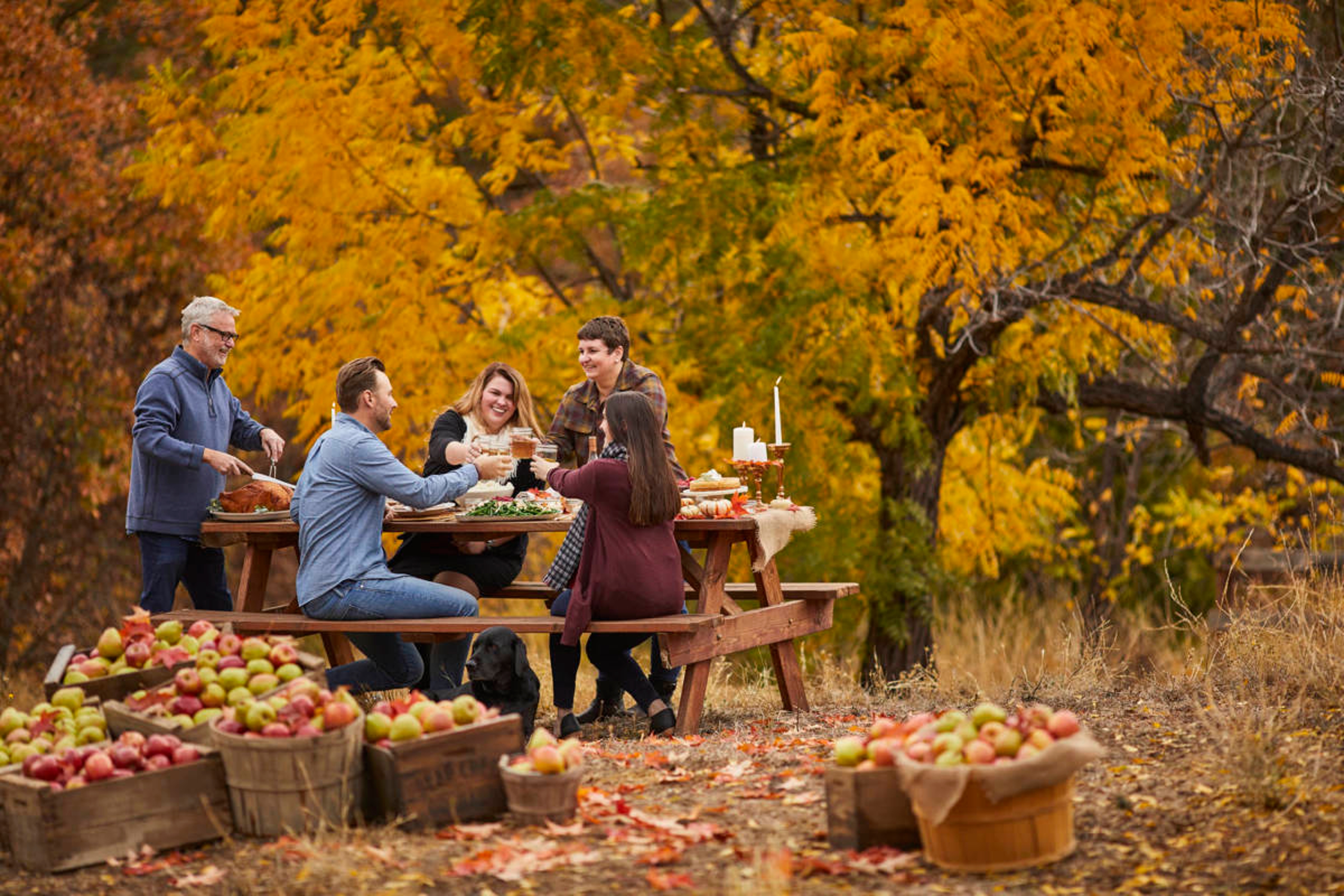 fall leaves image group of people having dinner outside surrounded by fall leaves and barrels of apples
