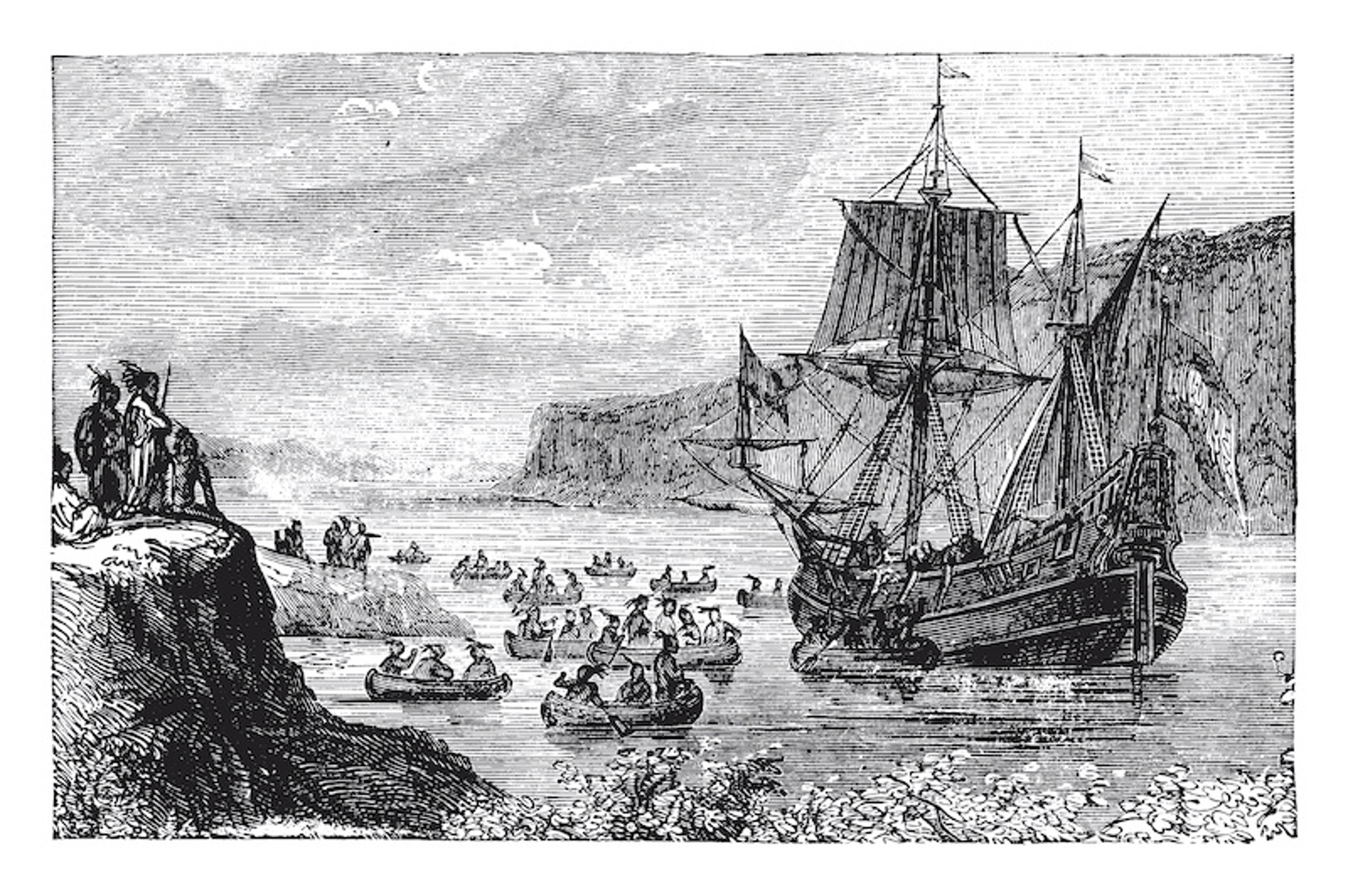 Article Cards Featured Image Ship of Henry Hudon named Half Moon in Hudson River,vintage line drawing or engraving illustration.