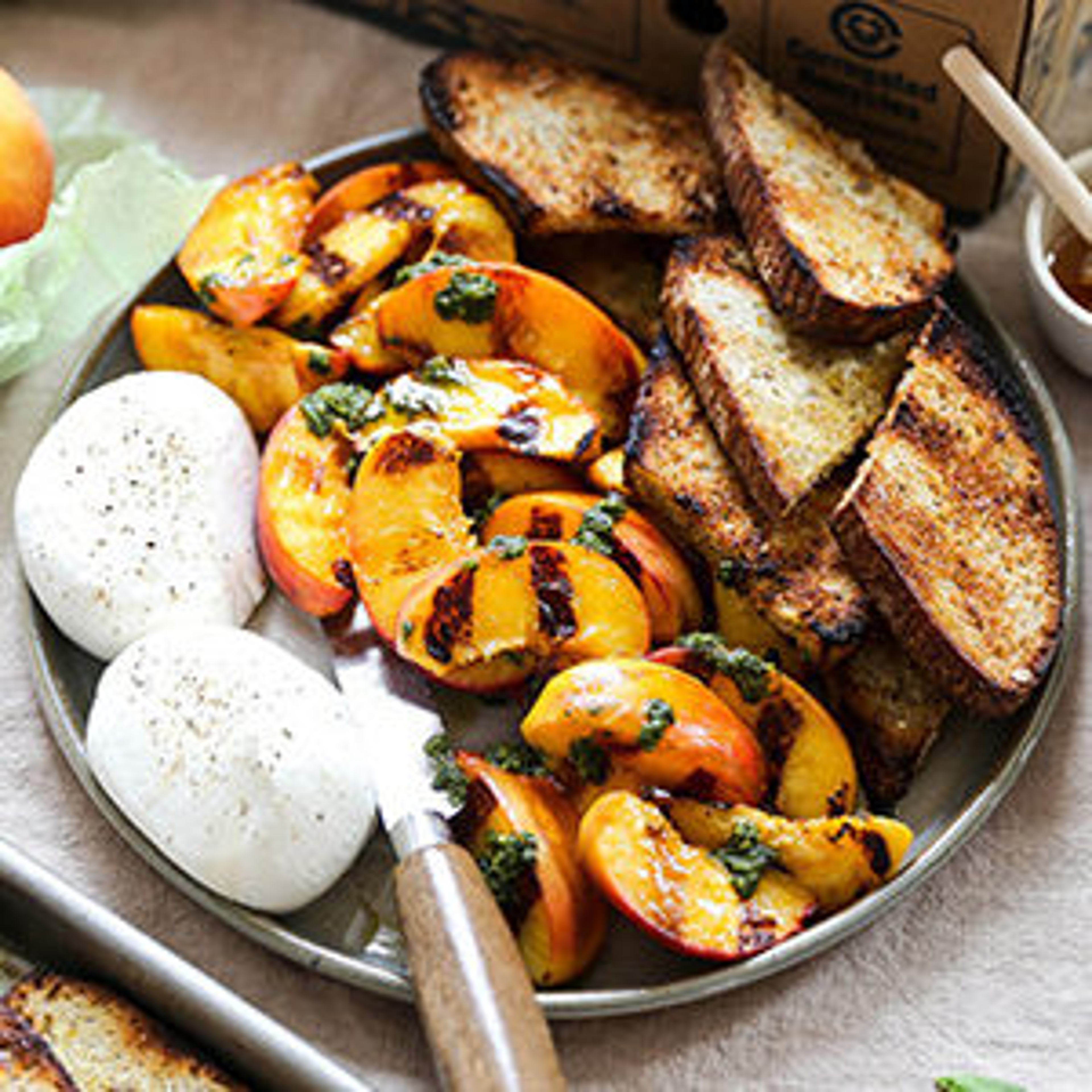 june recipes grilled peach and burrata appetizer