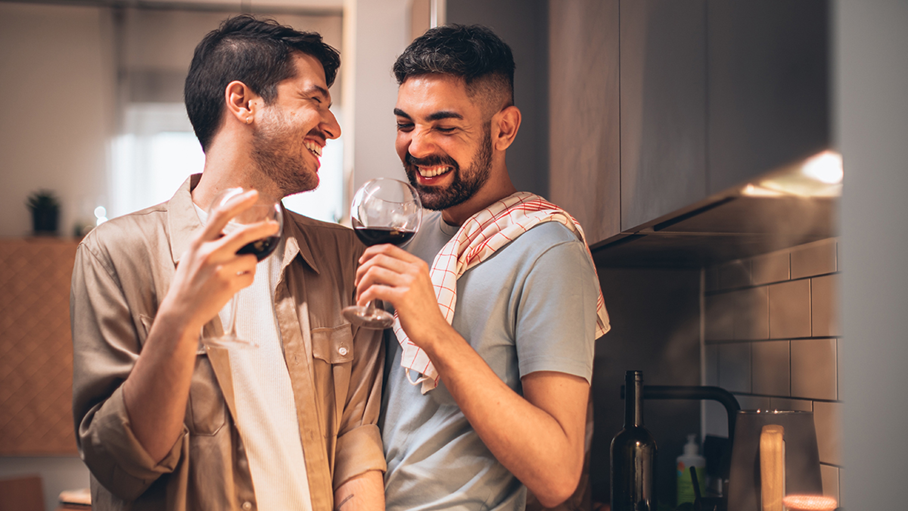 Happy Gay Couple in Love Drink Wine, Chat, Prepare Delicious Din