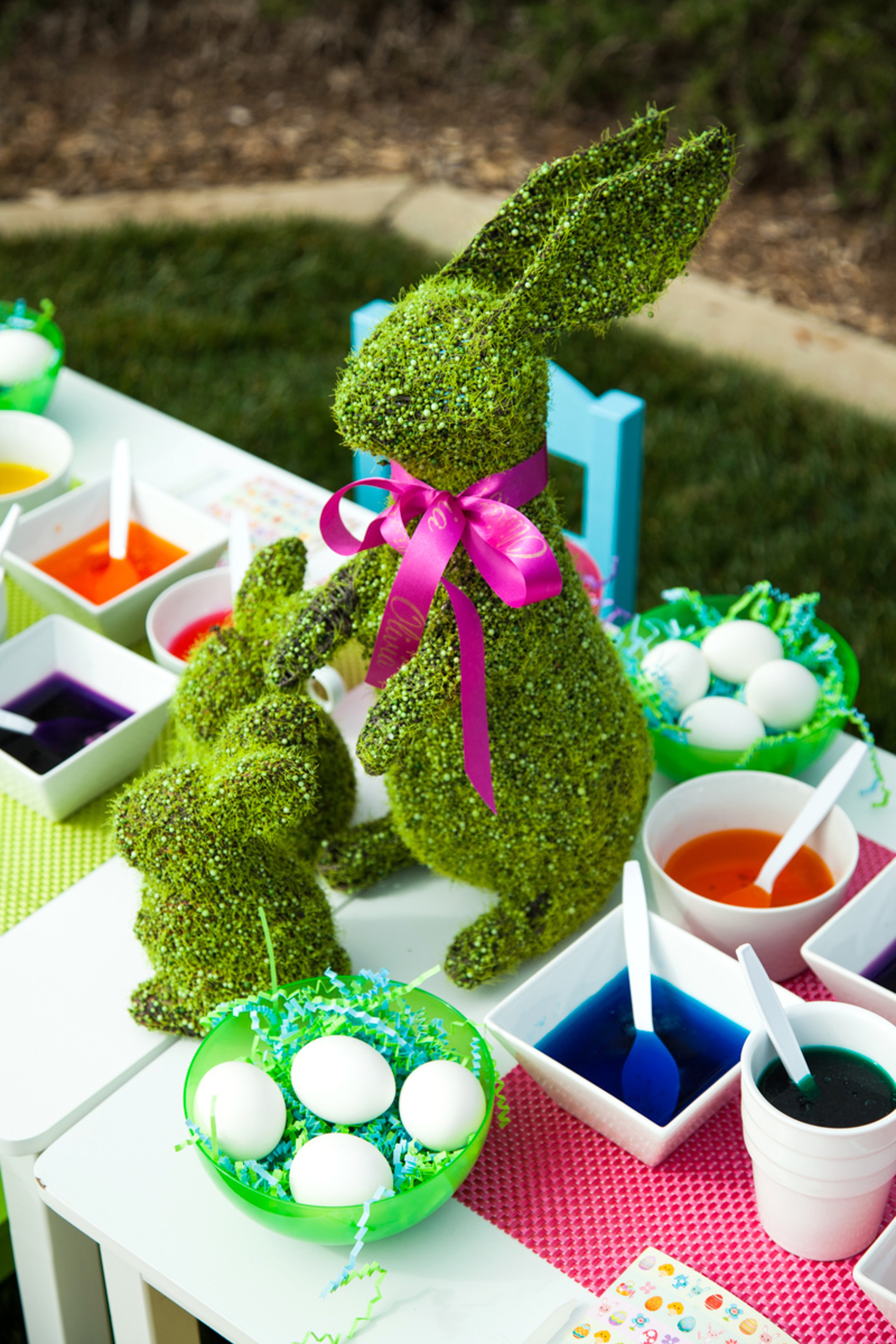 Easter Egg Decorating Party Decorate the craft table with some faux topiary rabbits