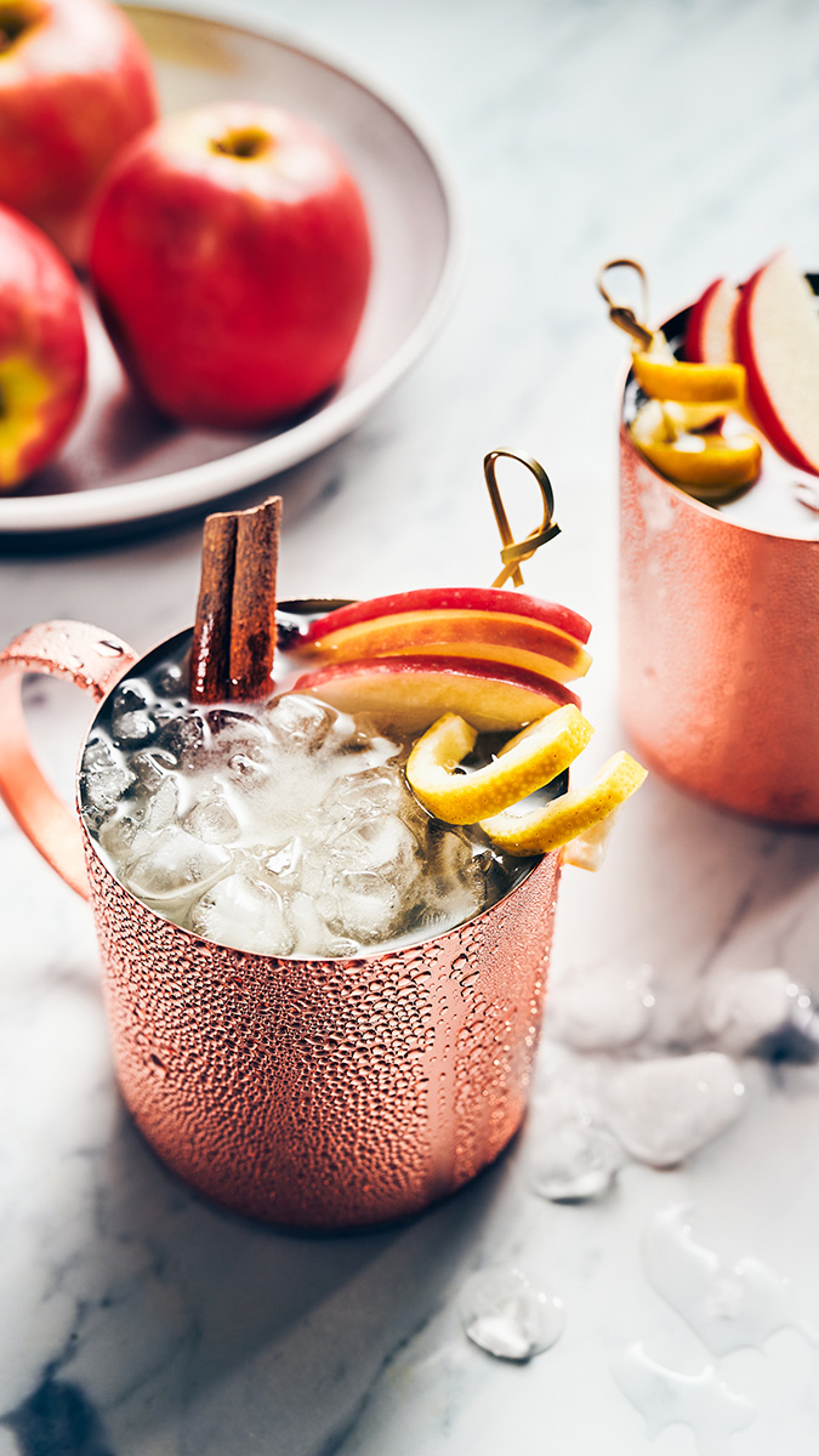 Moscow Mule recipe image moscow mule in copper mug with a twist of lemon, apple slices and a stick of cinnamon.