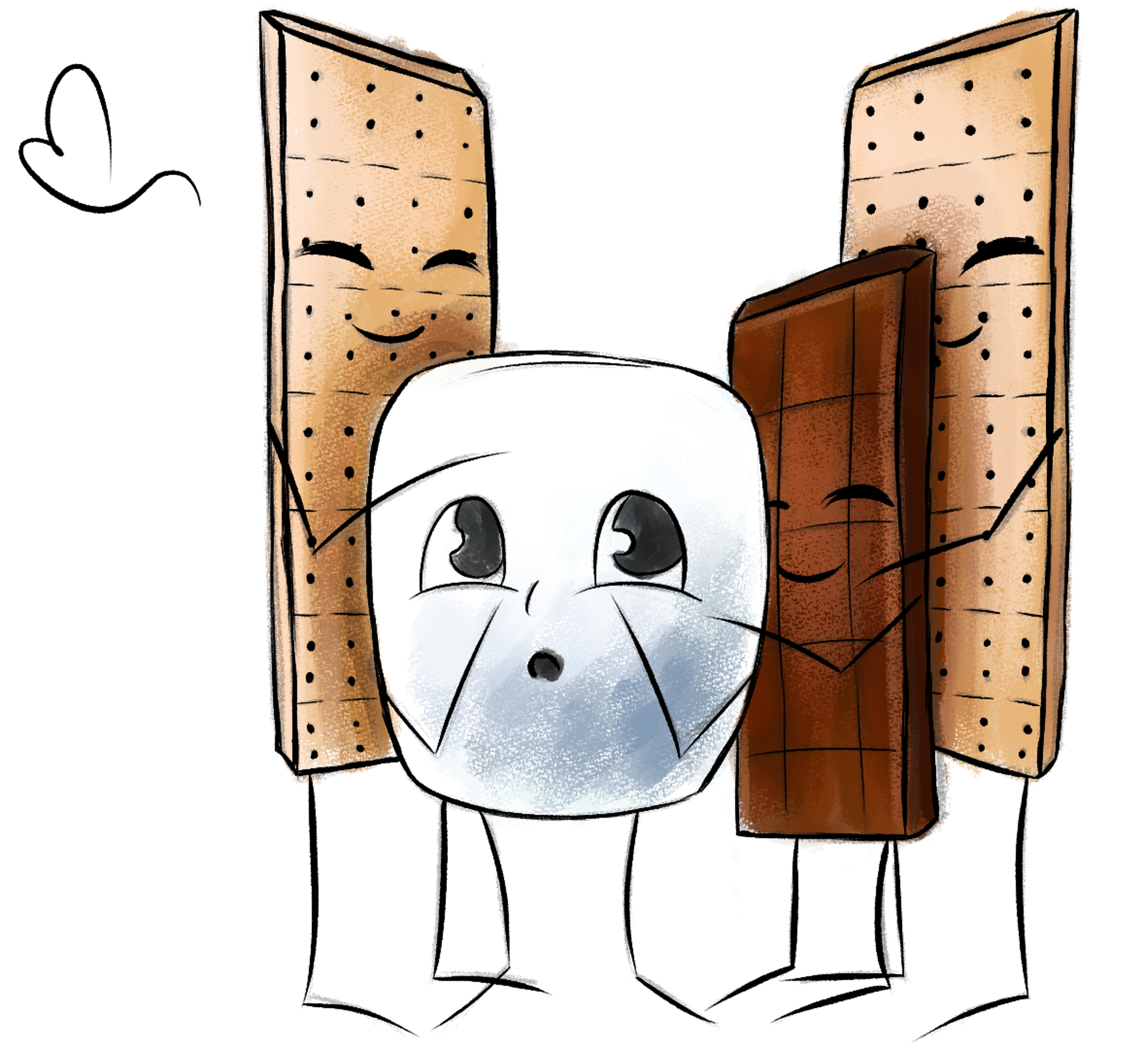 Food puns. S'mores having a group hug.