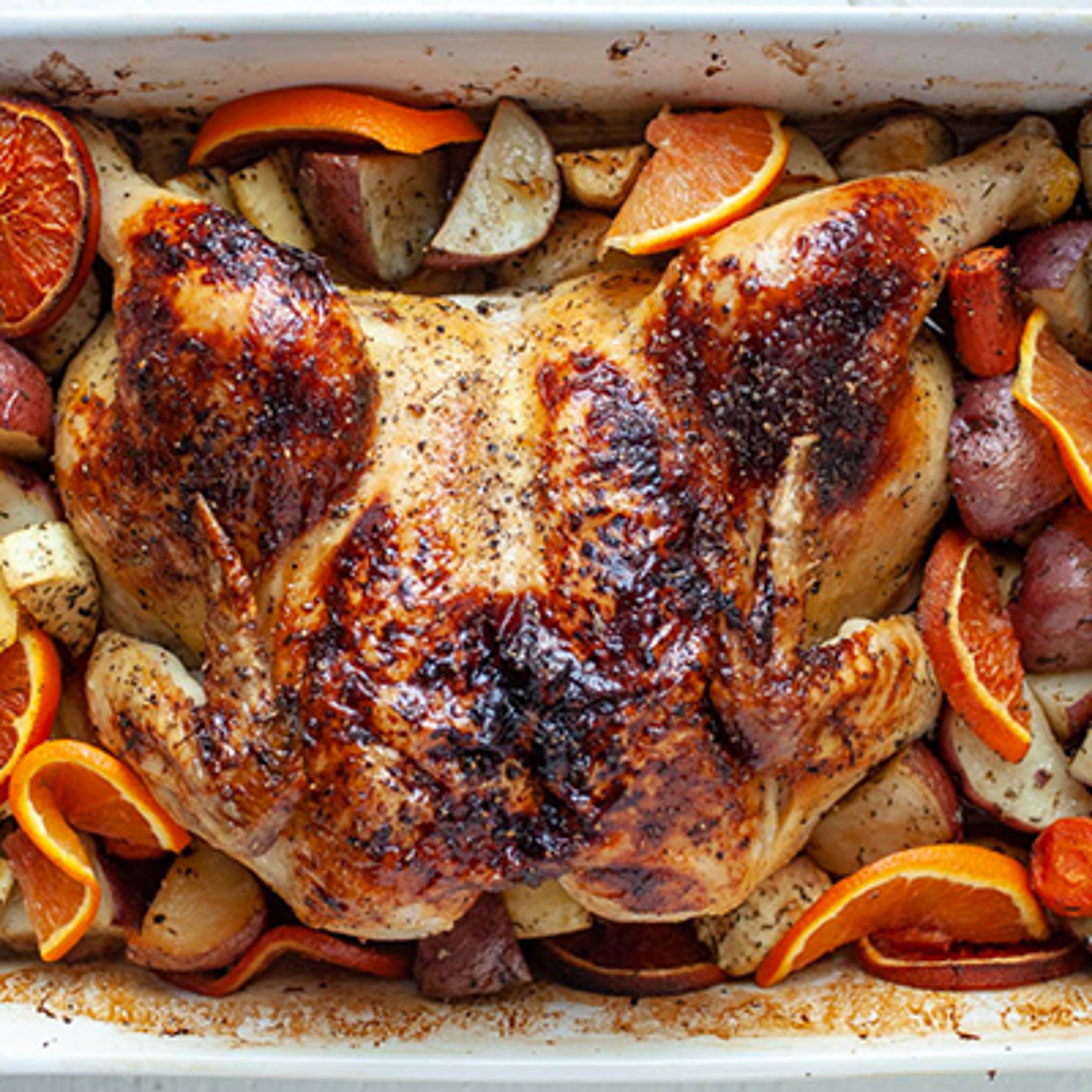 Roasted chicken with Cara Cara oranges.