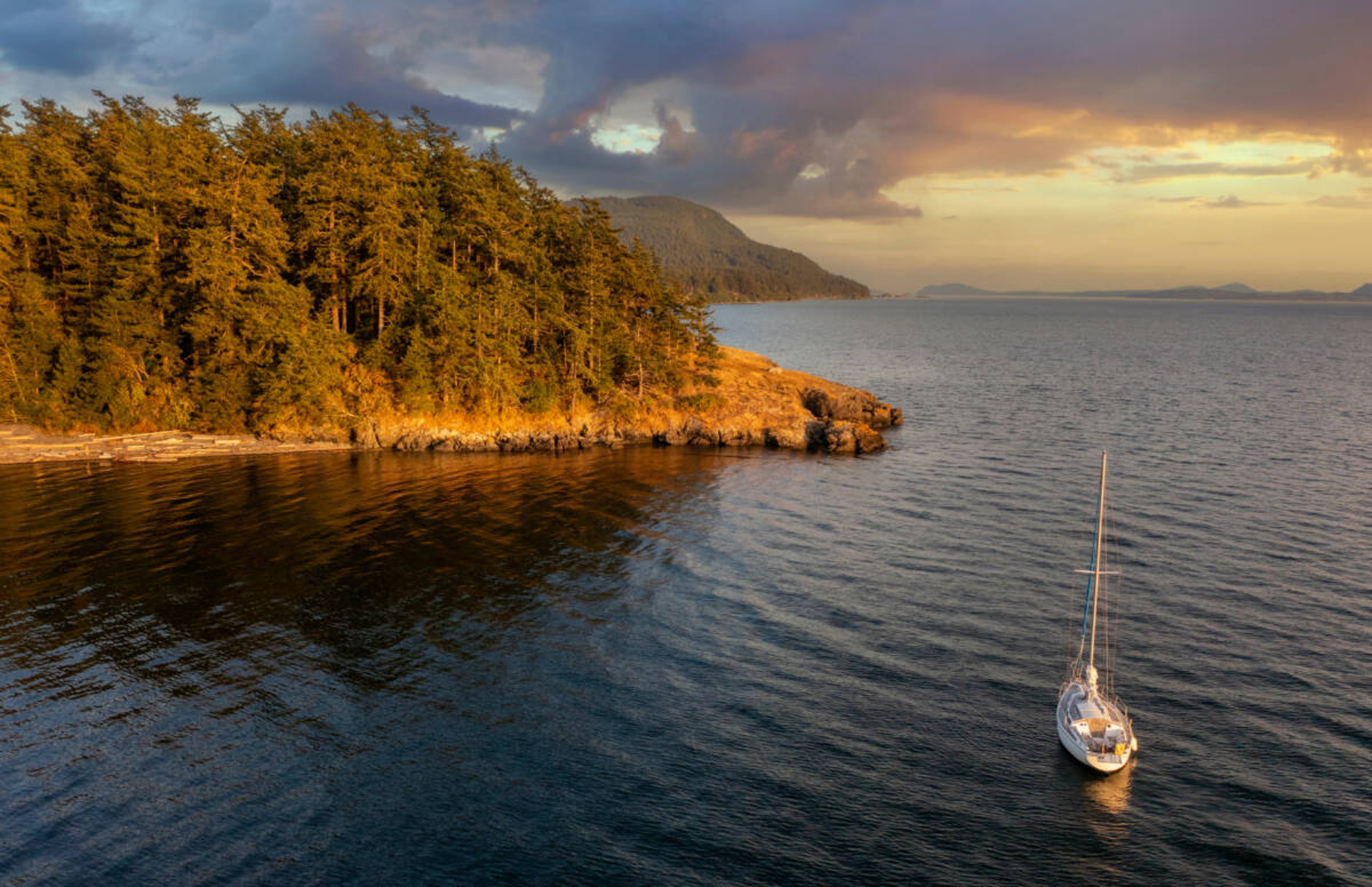 Sunset Aerial View of the West Side of Lummi Island, Washington.