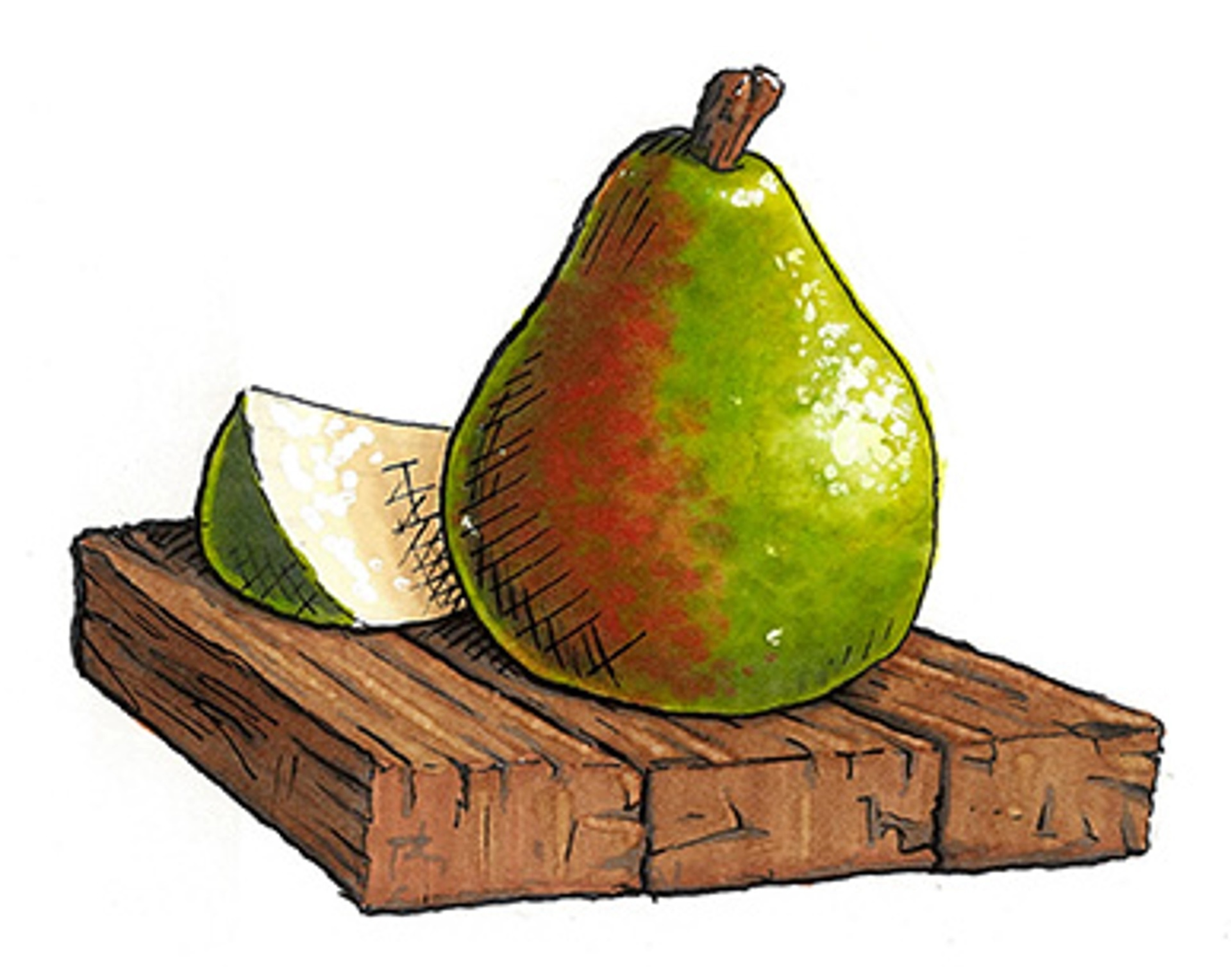 Illustration of Royal Riviera pears sliced on a cutting board.