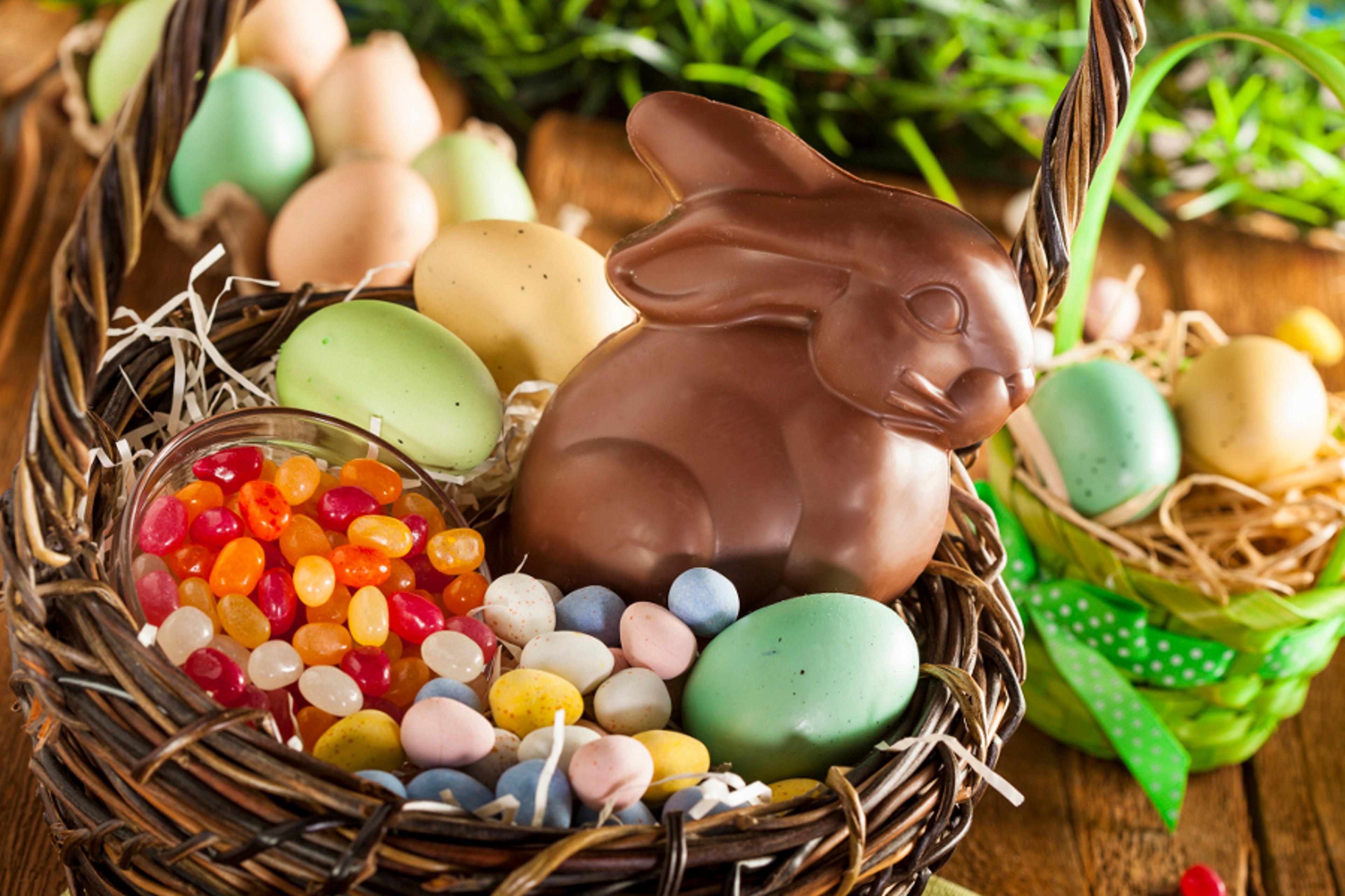 Article Cards Featured Image Chocolate Easter Bunny in a Basket with Assorted Candy