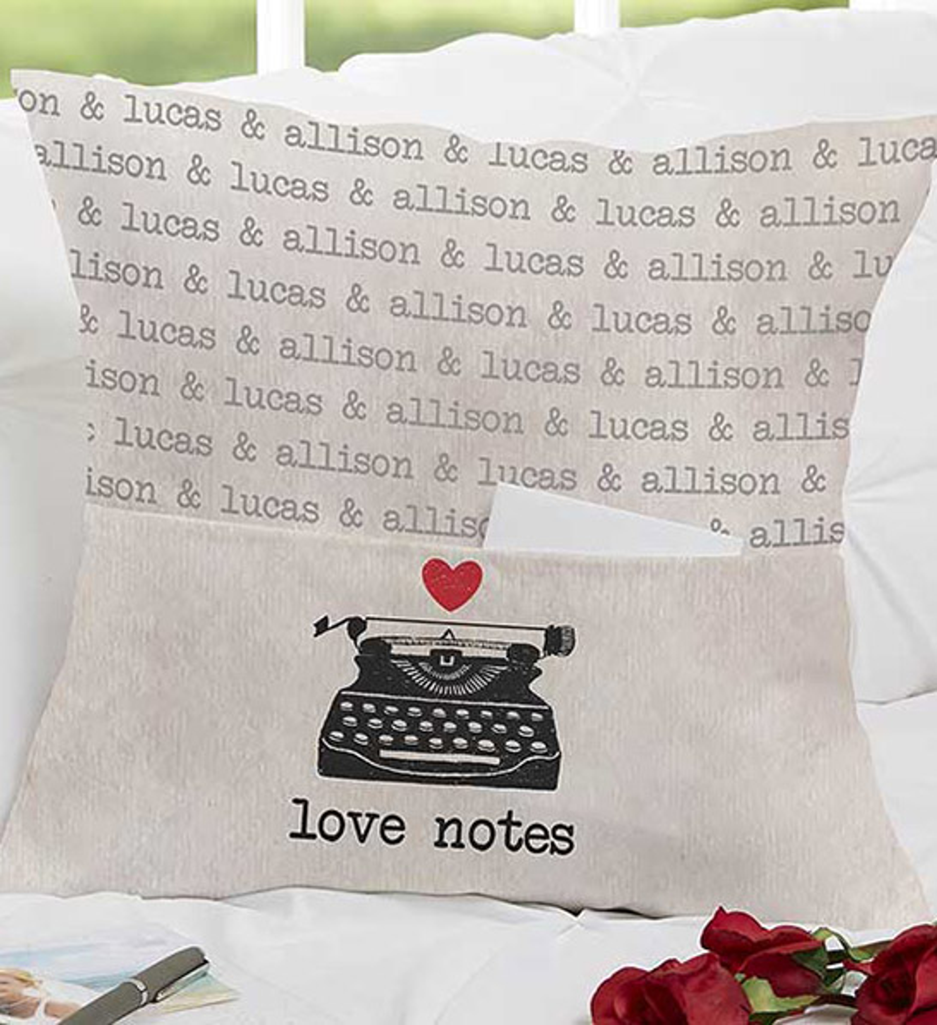 anniversary gift guide image personalized pillow with a pocket for notes