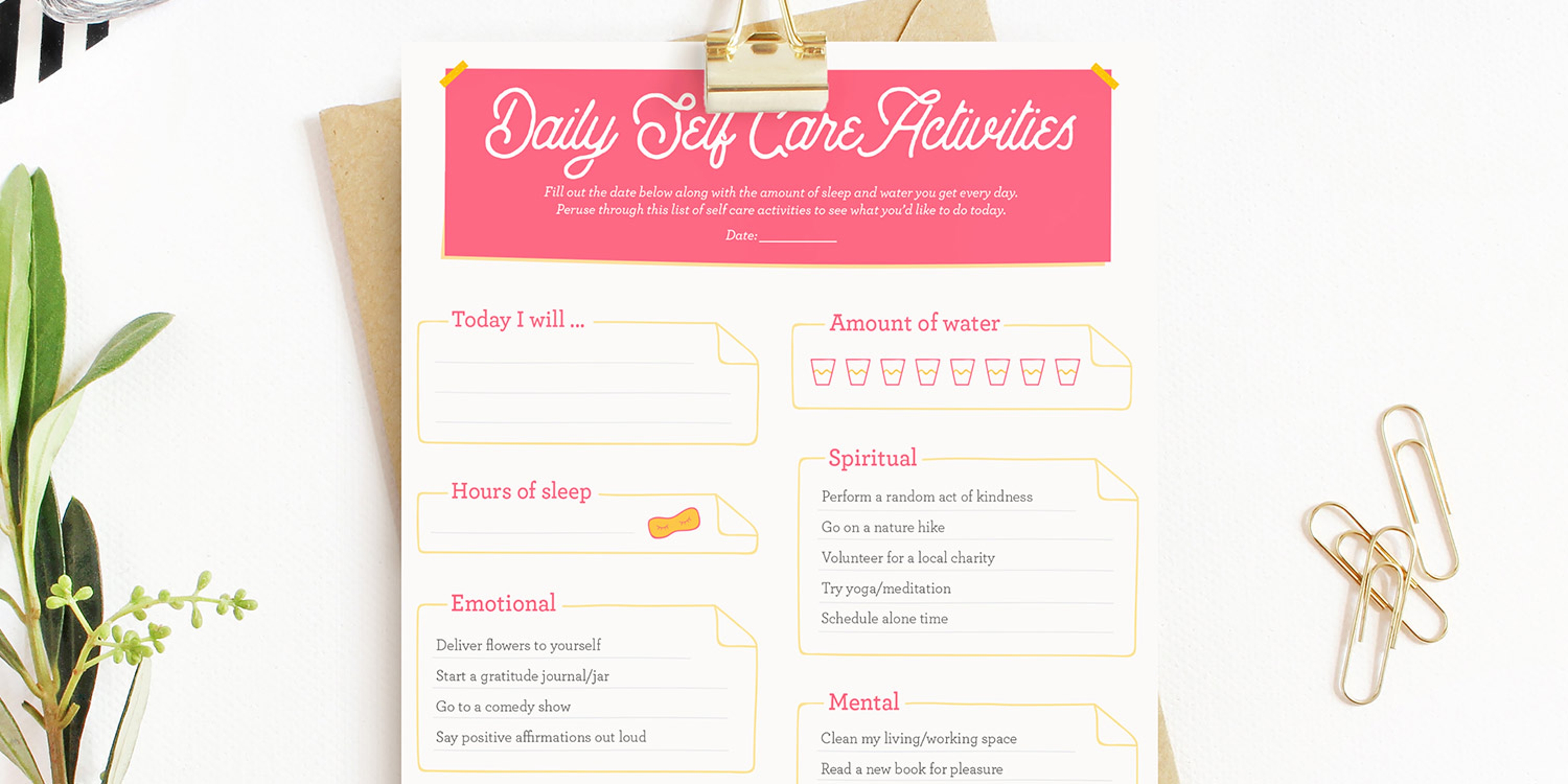 daily self care activities page