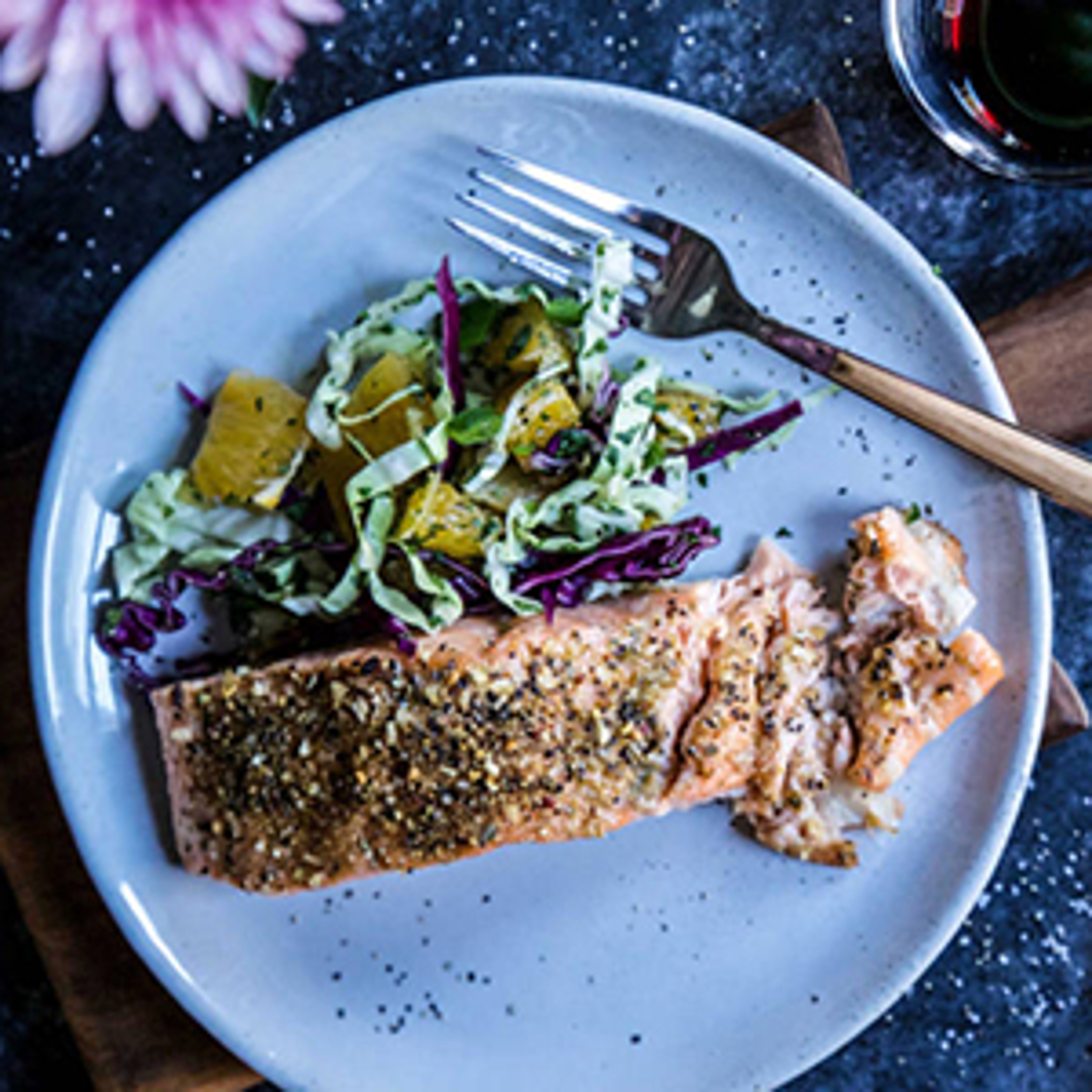 Cuban Roasted Salmon with Honey Bell Slaw