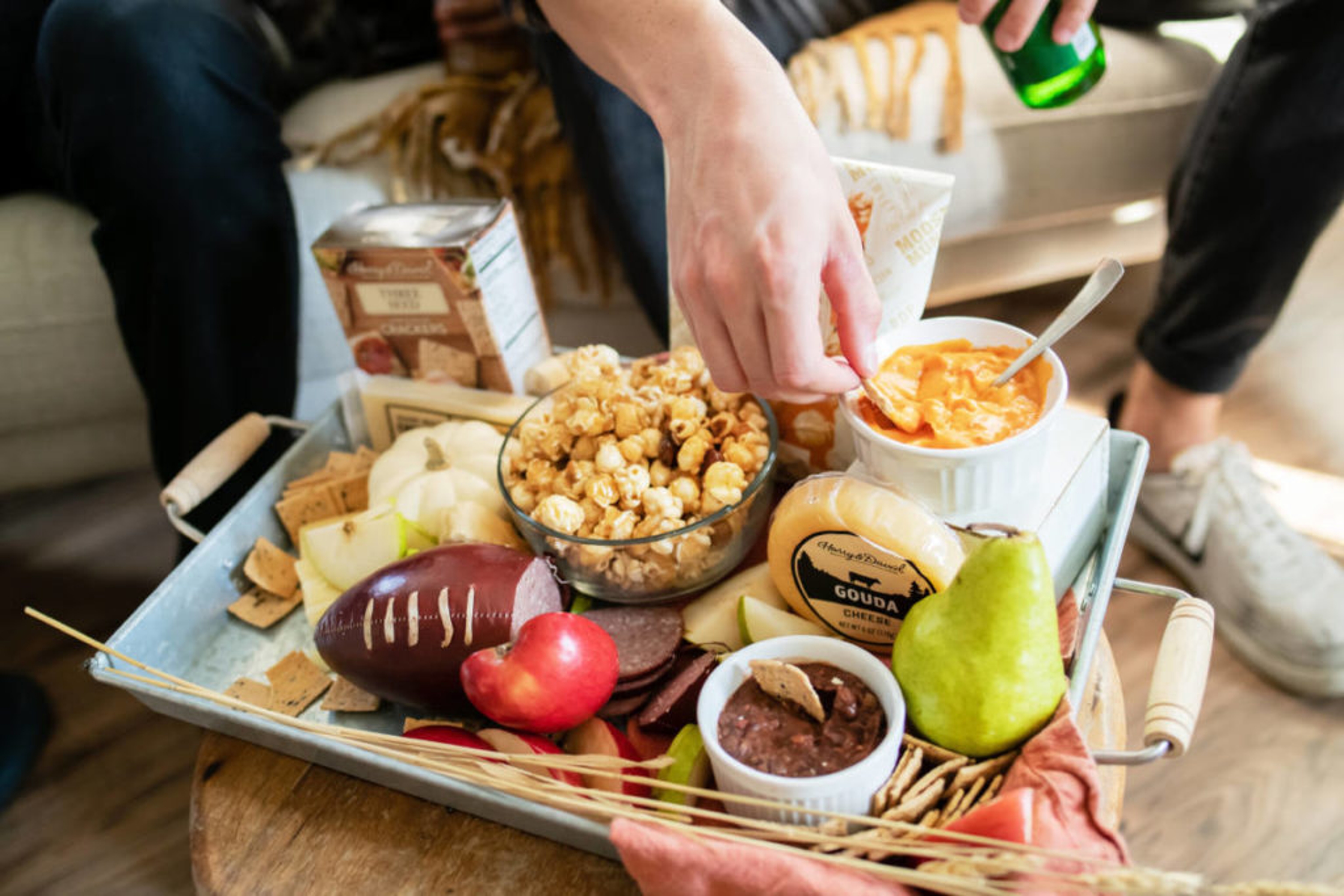 Tailgate party snack spread.