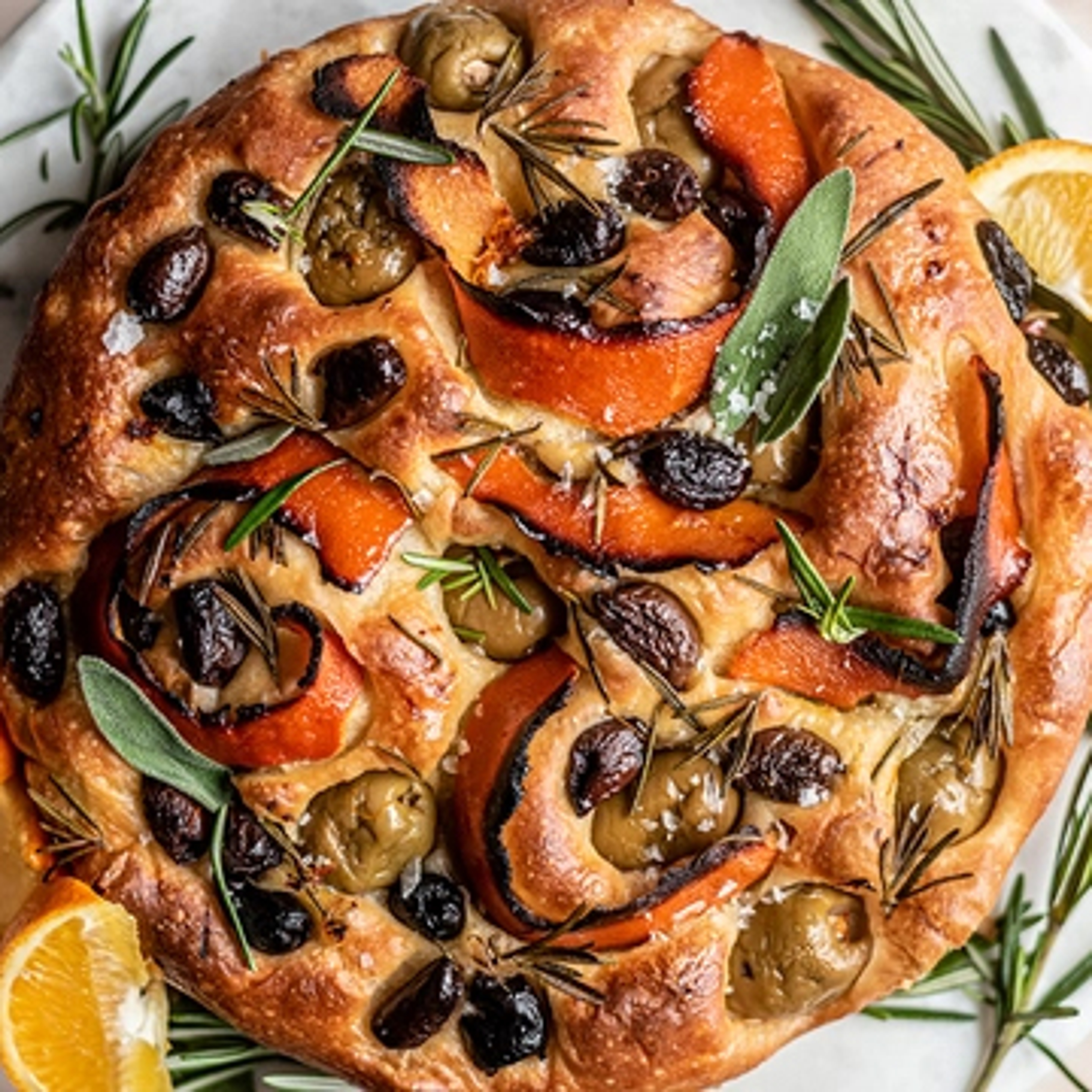 Closeup of roasted orange focaccia loaf.