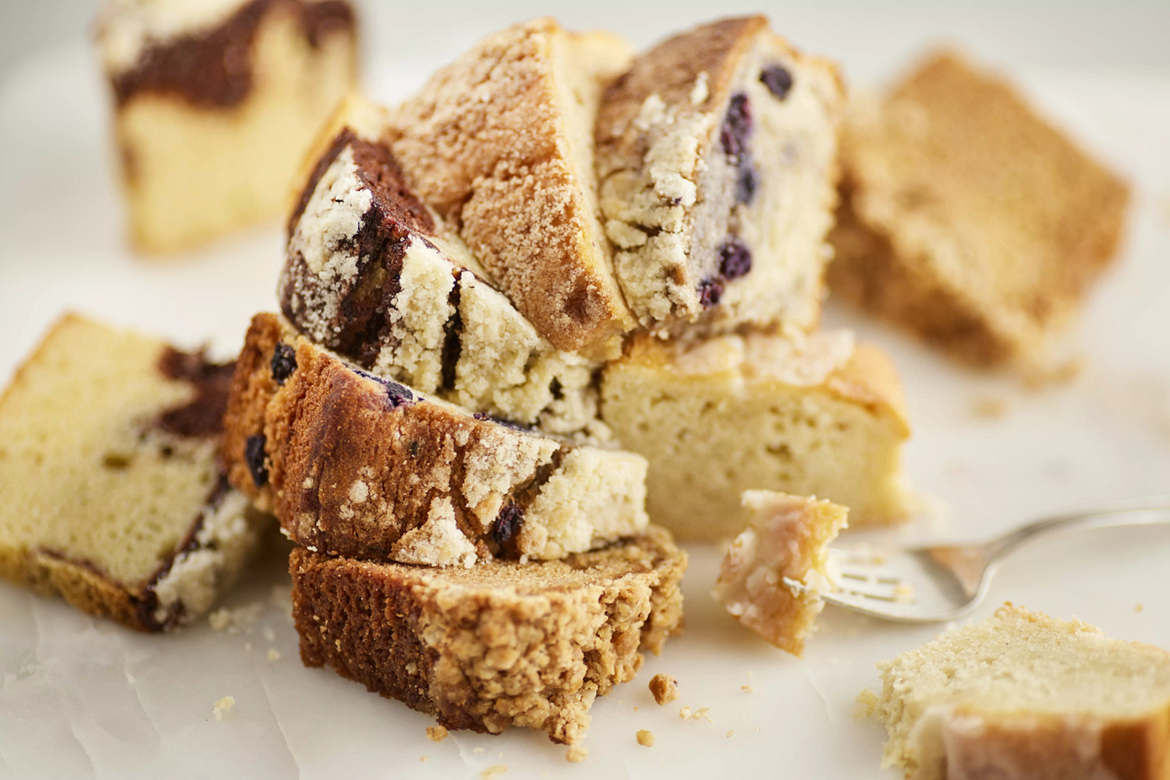 Closeup of slices of coffee cake on a plate.