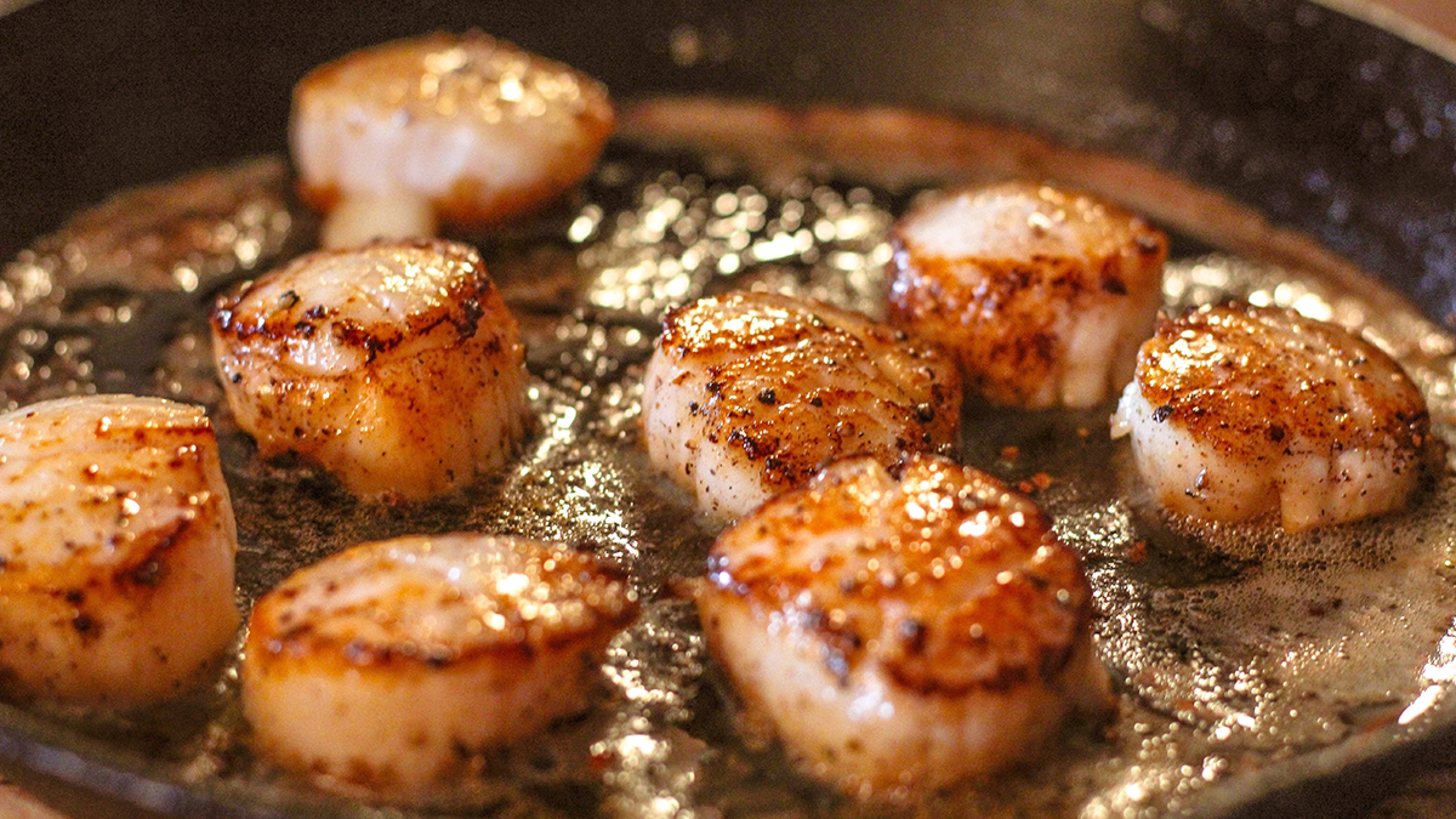 Scallop recipes with a closeup of scallops searing in a pan with butter.