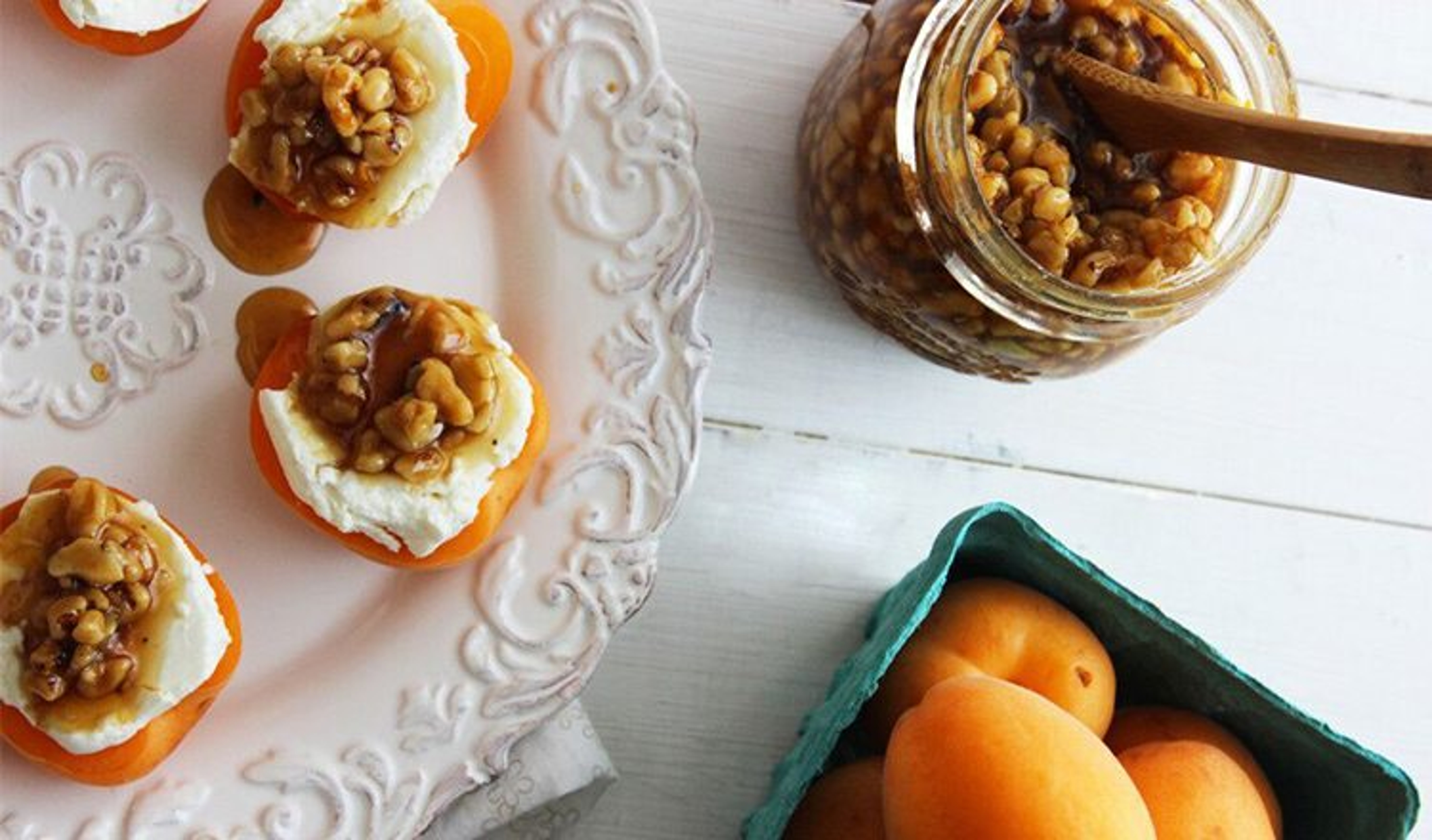 Apricot With Goat Cheese and Orange Honey Walnut Syrup