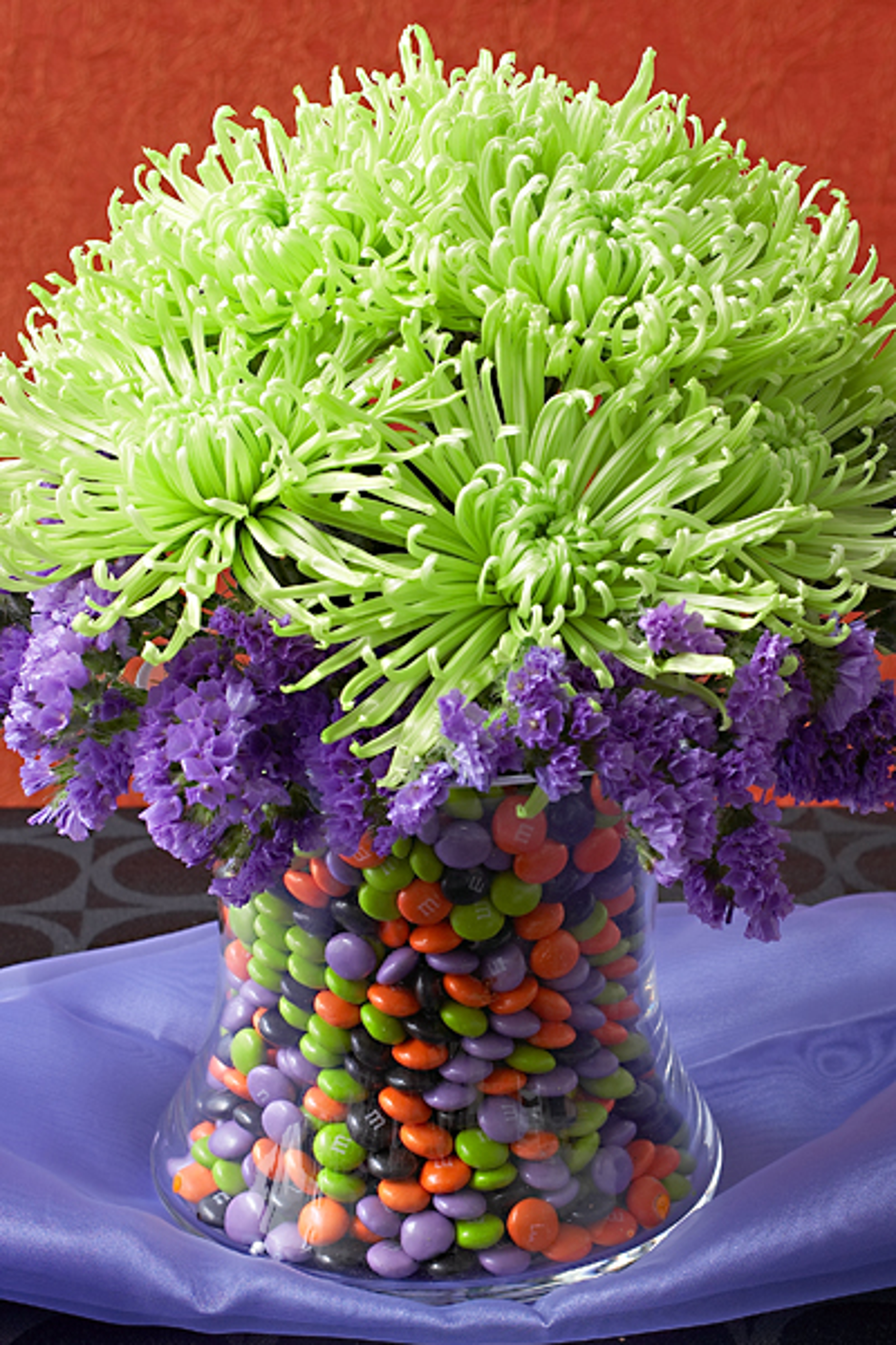 Halloween centerpieces with Halloween M&M arrangement