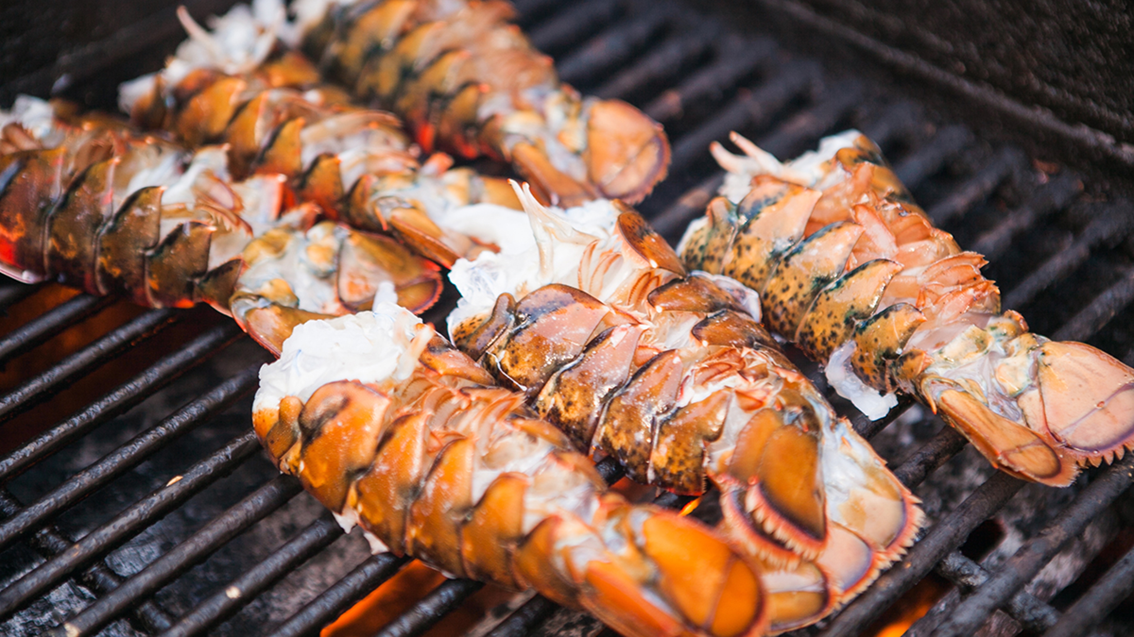 Grilling recipes with several lobster tails on a grill.